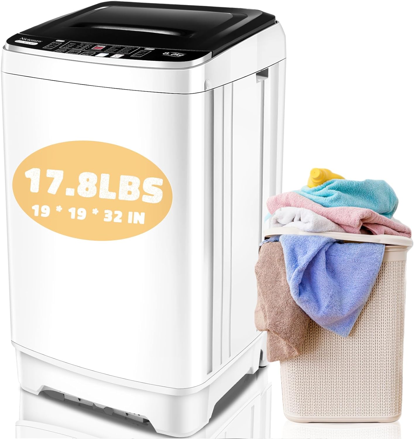 17.8Lbs Portable Washing Machine, 2.3 Cu.ft Portable Washer with Drain Pump, Faucet Adaptor, 10 Wash Programs/8 Water Levels Compact Laundry Washer and Dryer Combo for Apartment RV Dorm