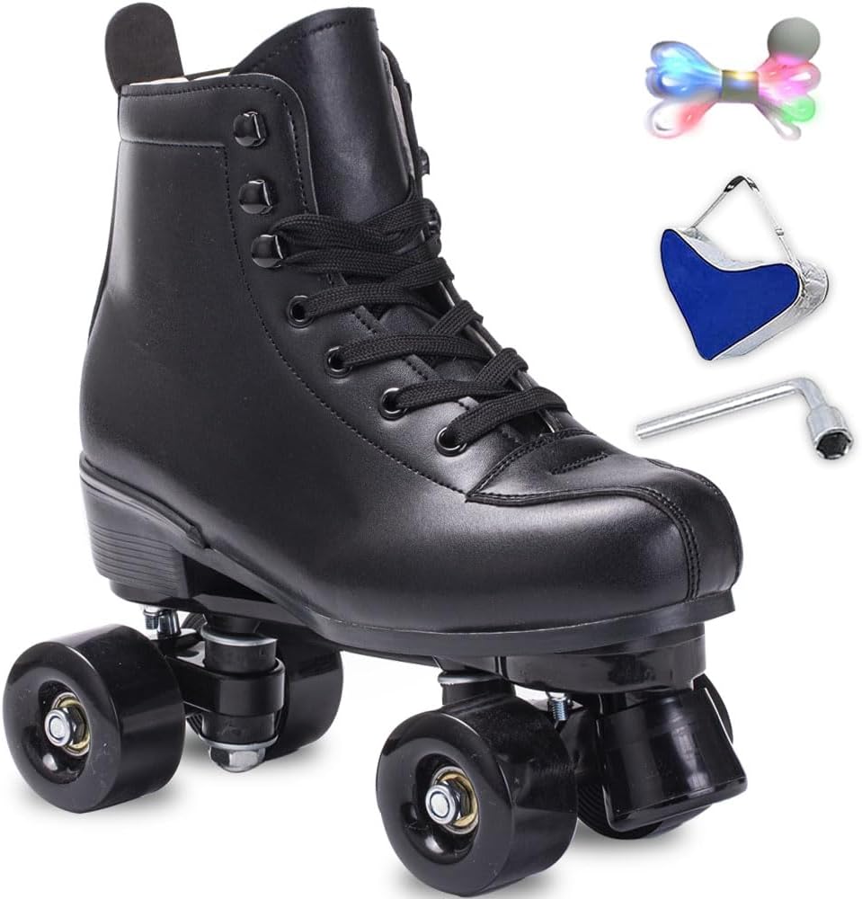 Roller Skates Women Men High-Top PU Leather Roller Skates Classic Double-Row Roller Skates Outdoor Indoor Quad-Skates with Light up Shoe Laces