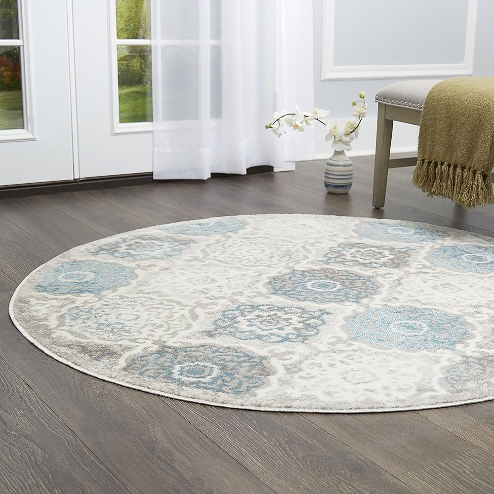 Home Dynamix Boho Andorra Transitional Damask Area Rug, Grey/Blue, 5'2" Round