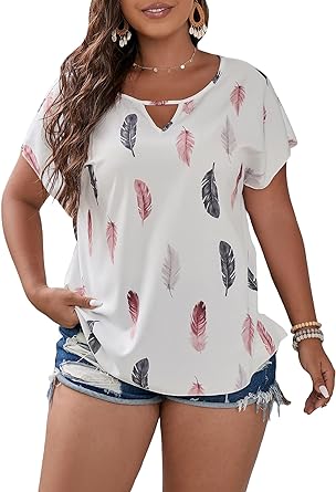 SOLY HUX Plus Size Blouses for Curvy Women Cute Boho Print Shirts V Neck Casual Summer Blouses T-Shirts Tops