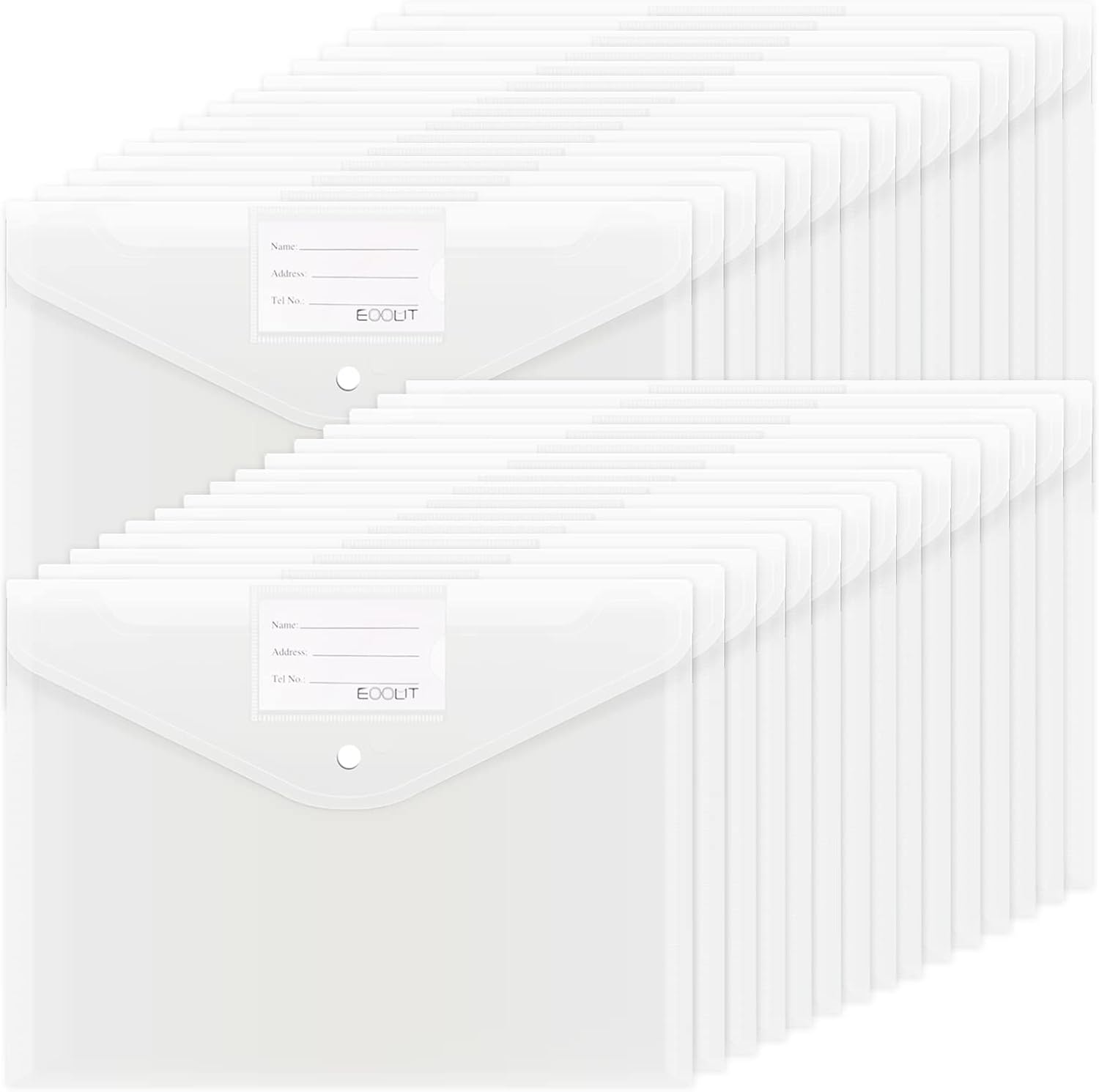 EOOUT 30pcs Plastic Envelopes, Clear Envelopes with Snap Closure, Document Folders Letter Size A4 Size File Envelopes with Label Pocket for School Home Work Office Organization