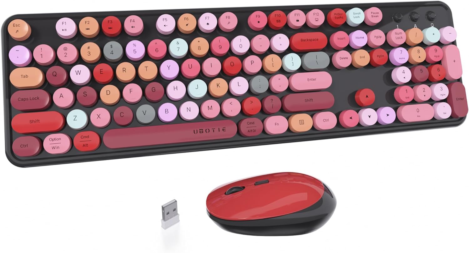 UBOTIE Colorful Computer Wireless Keyboard Mouse Combos, Typewriter Flexible Keys Office Full-Sized Keyboard, 2.4GHz Dropout-Free Connection and Optical Mouse (Black-Colorful)