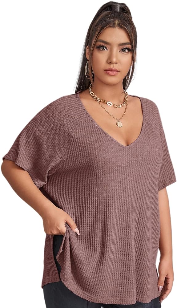 SOLY HUX Women's Plus Size V Neck Short Sleeve Tee Split Hem Waffle Knit Oversized Casual Loose Summer Basic T Shirt Tops