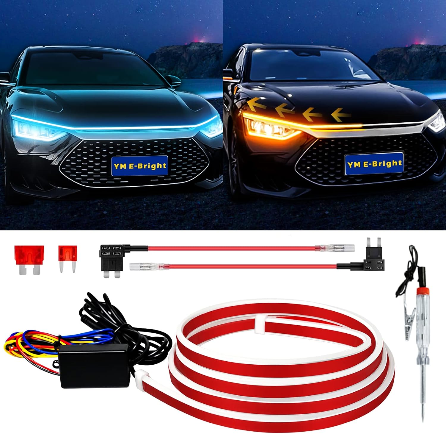 Dynamic Scan Start Up Hood Light Strip Sequential Flowing Turn Signal Lights Flexible Car Led Light Strip Exterior DRL Daytime Running Headlight,Dual Color Amber Ice Blue Switchback 12V 70inch (1Set)