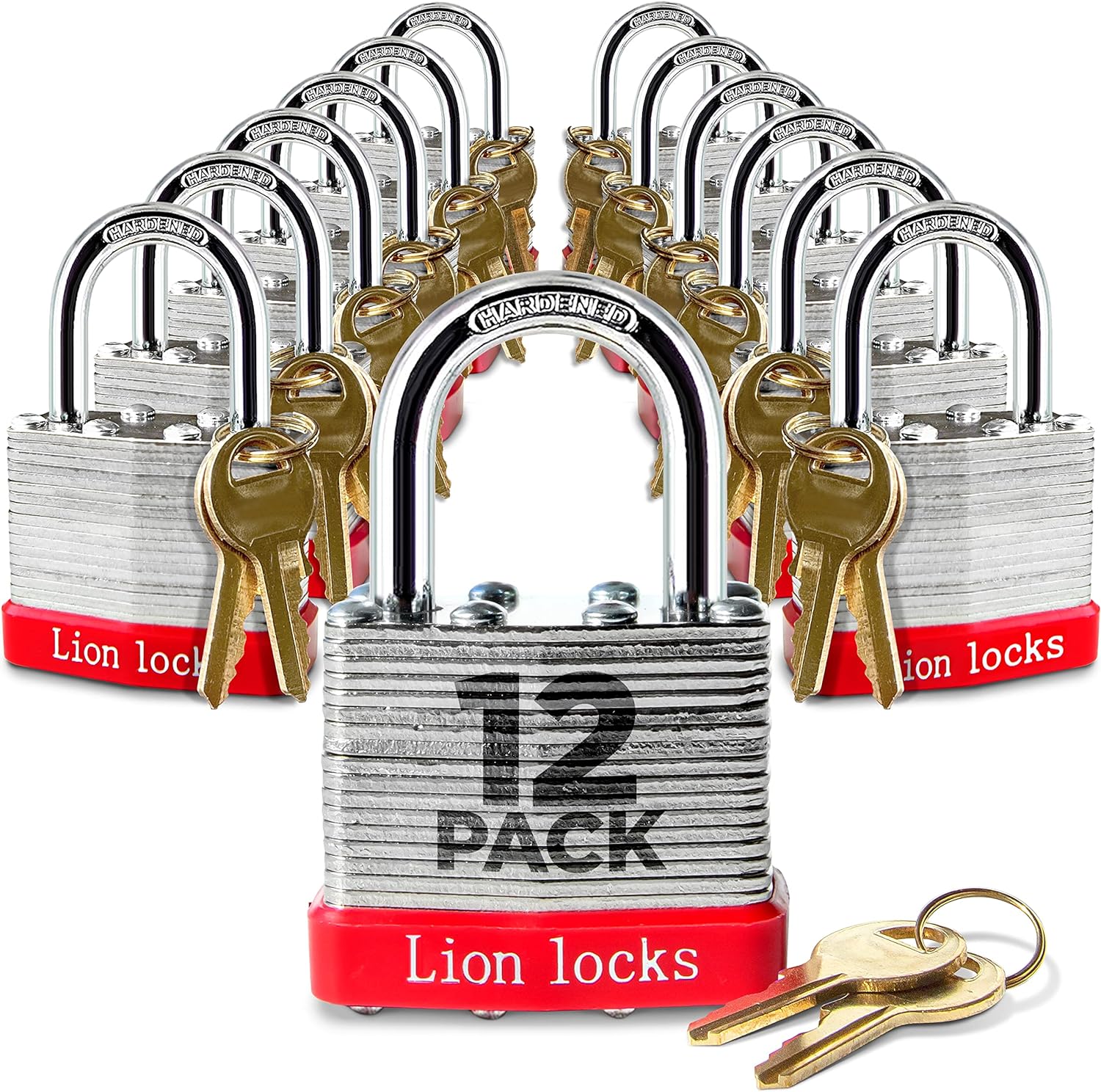 12 Keyed-Alike Padlocks w/ 1.25 Shackle, 24 Keys, Hardened Steel Case, Brass Cylinder (12-PACK) - for Hasp Latch, Sheds, Fences, Storage Locker, School, Gym