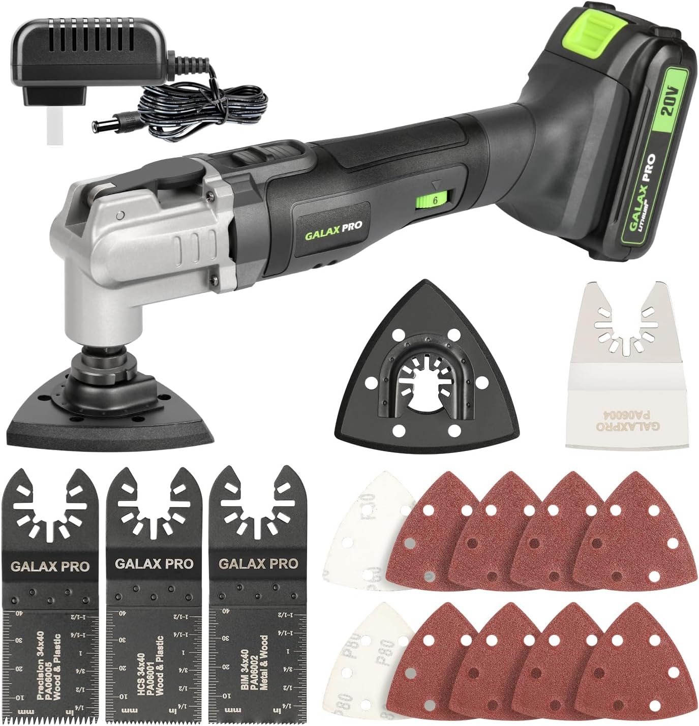 GALAX PRO Oscillating Tool, 20V Lithium Ion Cordless Oscillating Multi Tool with 1.3Ah Battery and Charger, 3pcs Blade and 10pcs Sanding Papers for Sanding, Grinding