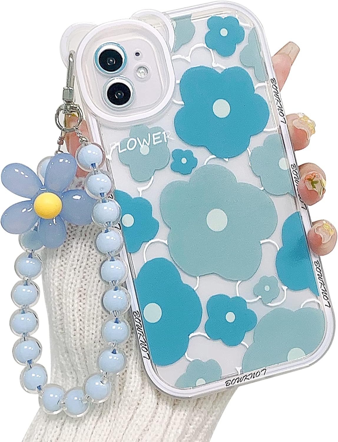 NITITOP Compatible for iPhone 11 Case Clear Floral Bear Camera Lens Case with Lovely Flower Bracelet Chain for Women Girls, Soft TPU Shockproof Protective-Blue