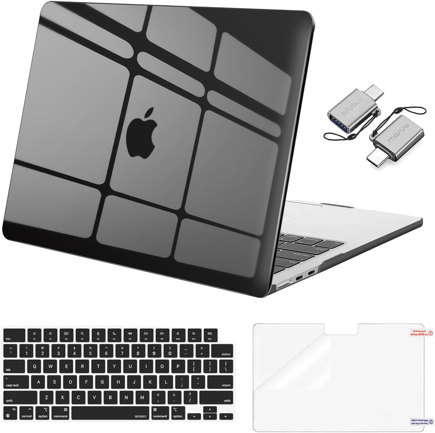 MOSISO Compatible with MacBook Air 13.6 inch Case 2022 2023 2024 Release M3 A3113 M2 A2681 with Touch ID, Plastic Hard Shell Case&Keyboard Cover&Screen Protector&Type C Adapter 2 Pack, Smoke Black