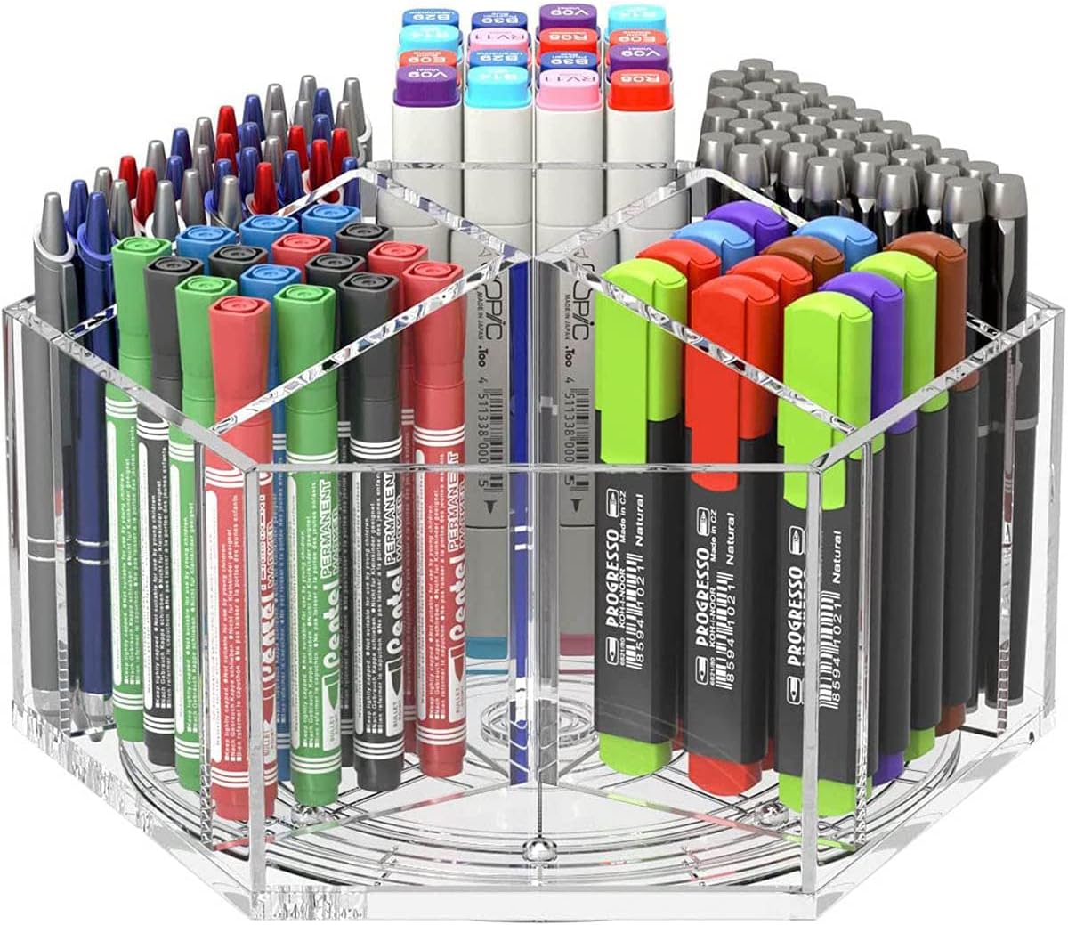 NIUBEE Acrylic Pen Pencil Holder 7 Compartments, Multi-capacity Marker Storage Art Supply Organizer, 360 Rotating Clear Pencil Cup