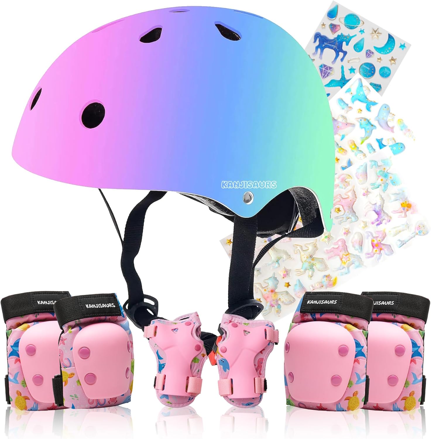 Kids Bike Helmet Set, Adjustable Toddler Helmet with DIY Stickers for Ages 3-8 Boys Girls,Color Gradient Bicycle Helmet for Cycling Skating Roller Skateboard Scooter.