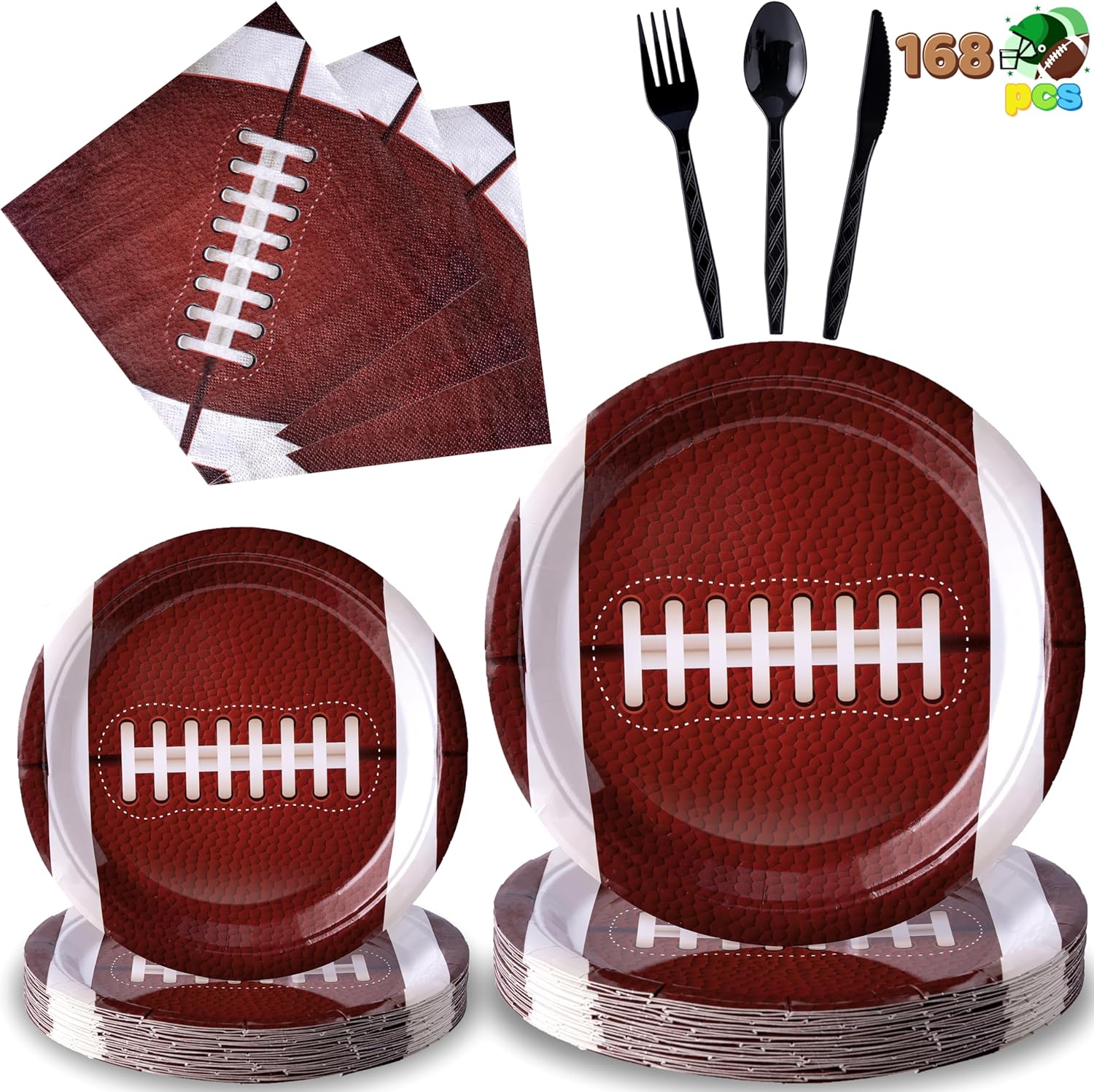 JOYIN 168 PCS Football Party Supplies Tableware Set, 24pcs 9'' Plates, 24pcs 7'' Plates, 48 Napkins, 24 Plastic Forks, 24 Spoons, 24 Knives, Football Gameday Birthday Tailgate Decoration