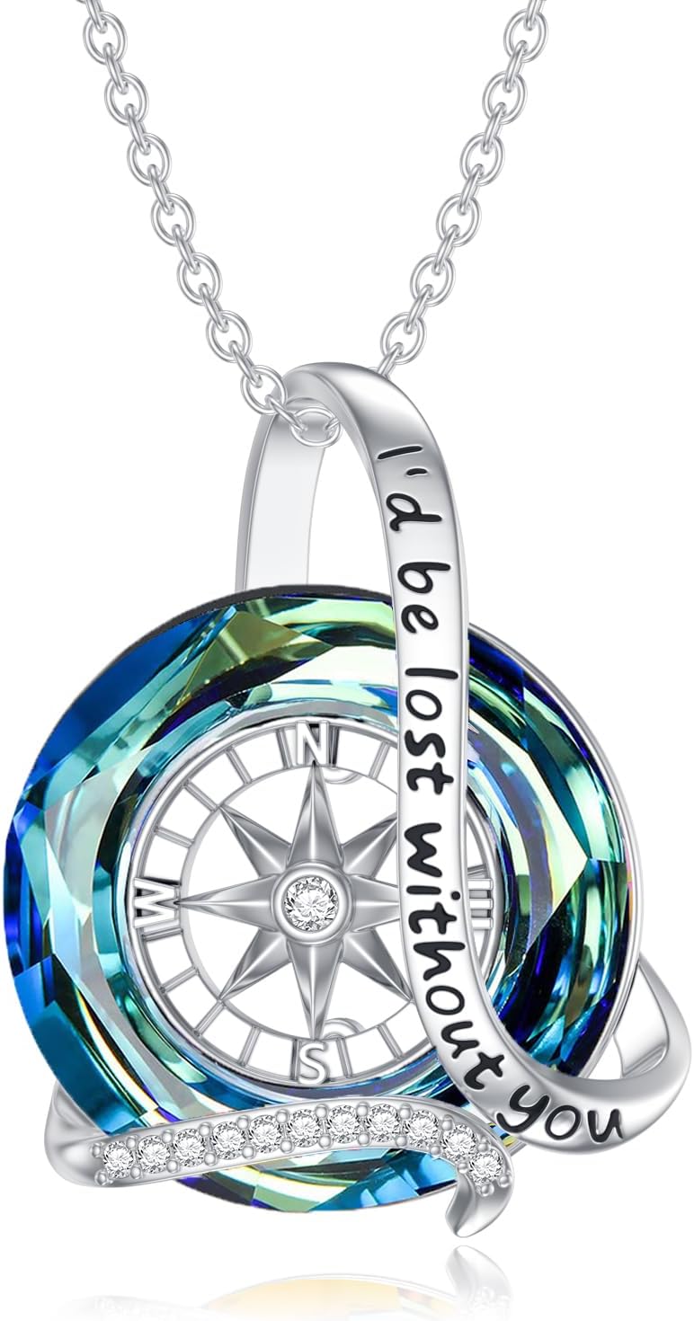 AOBOCO Graduation Gifts for Women, 925 Sterling Silver Compass Pendant Necklace with Color-changed Crystal from Austria, College Graduation Gift for Her Women