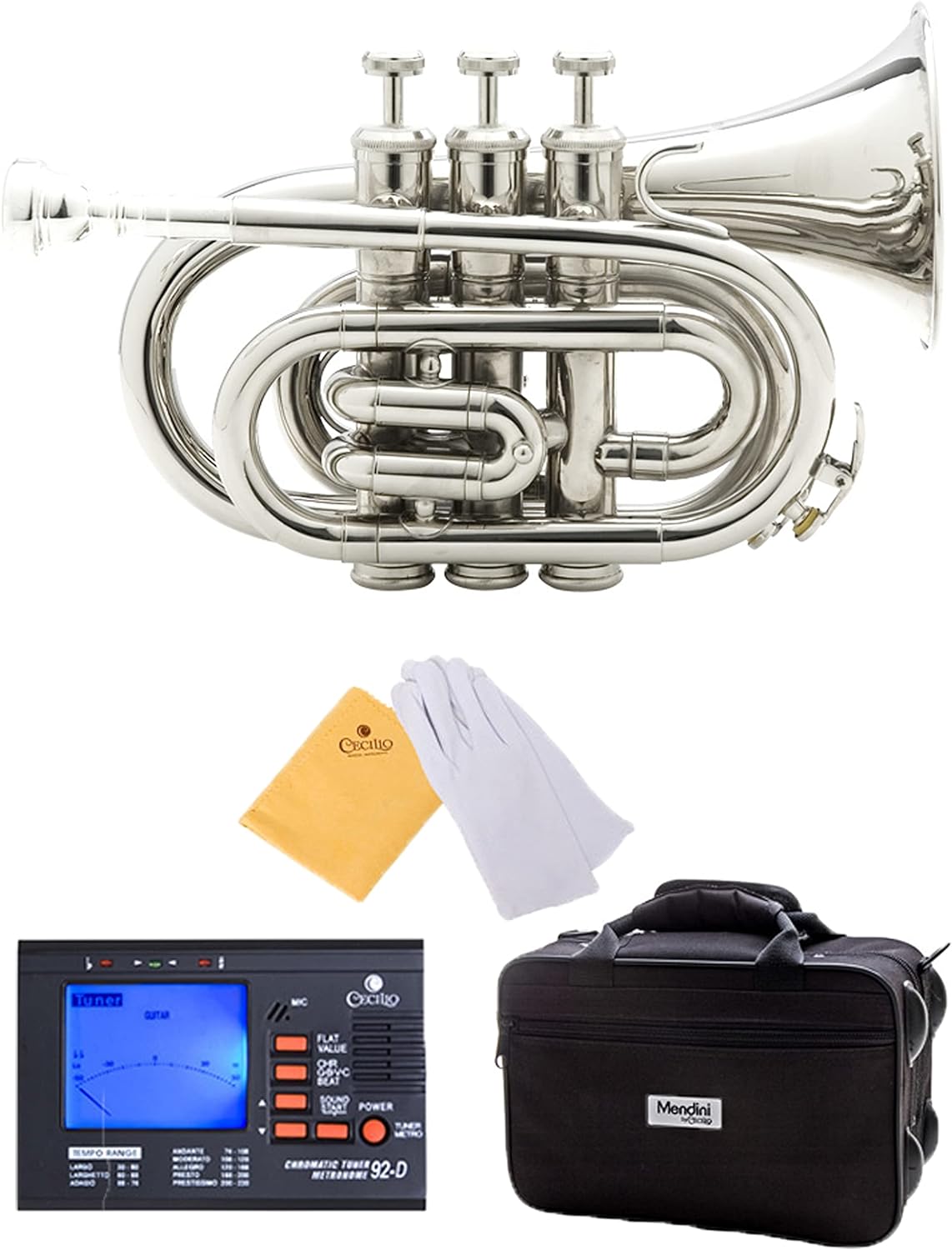 Mendini by Cecilio MPT Brass Bb Pocket Trumpet   Tuner, Case, Mouthpiece, & More (Nickel Plated)