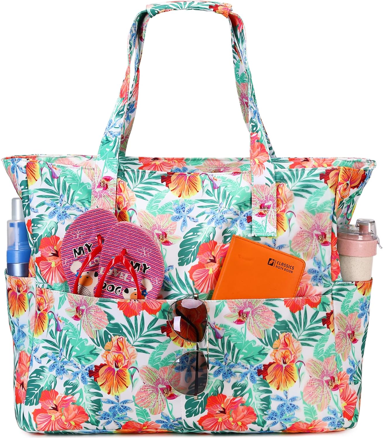 This bag is cute--had numerous compliments.  This bag is waterproof!  This bag has 4 pockets on the outside, perfect for water bottles and sunscreen.  There are 3 more pockets inside--2 on one side and 1 large pocket that has a zipper.  The bag has a zipper on top to close for added security at the beach, pool, or waterpark!