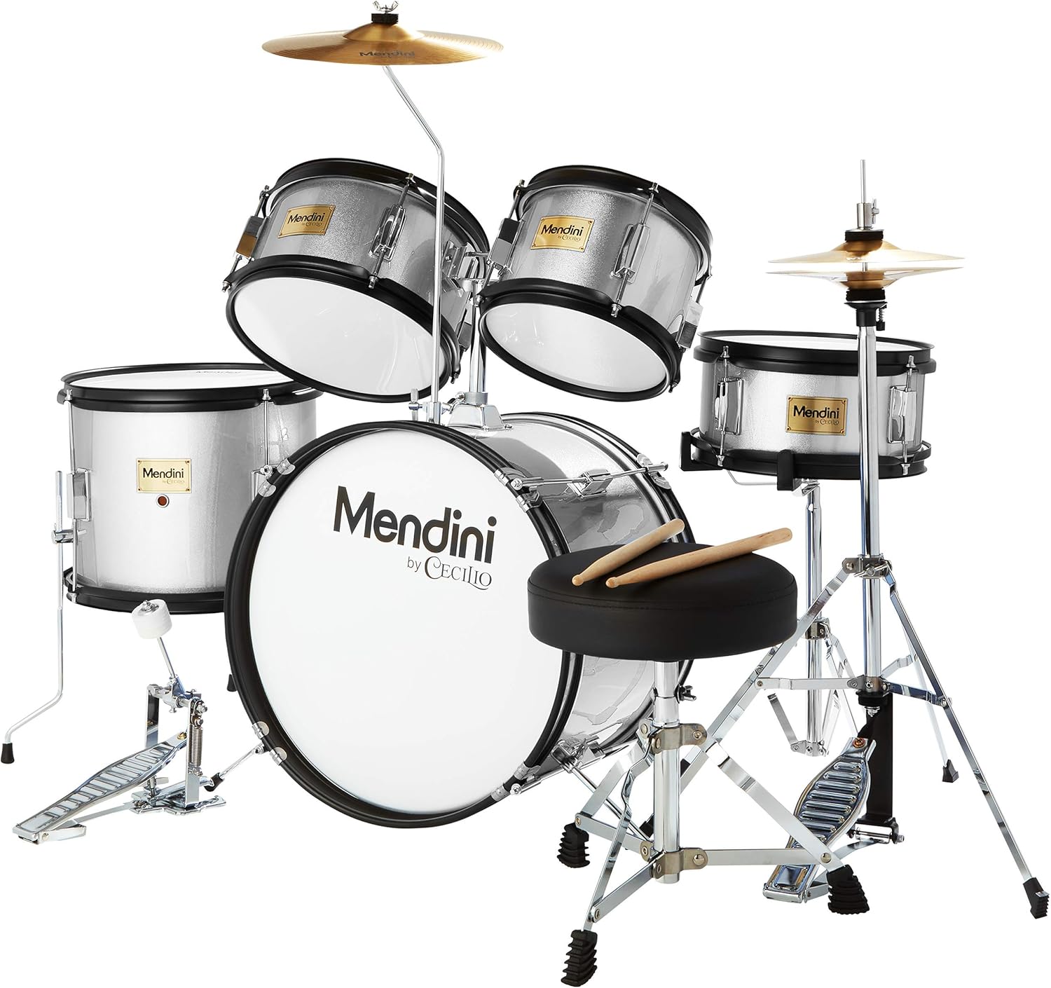 Mendini by Cecilio Kids Drum Set 5 Piece - Full 16in Youth Drumset with Bass, Toms, Snare Drum, Cymbal, Hi-Hat, Drumsticks & Seat for 5 to 12 Year Old and Beginner Adult Set - White