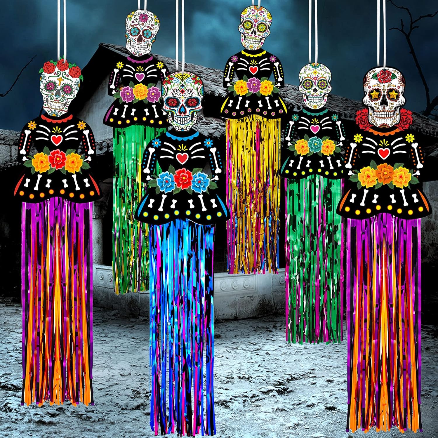 6 Pieces Day of The Dead Decorations 3 Ft Dia De Los Muertos Hanging Sugar Skull Decors Mexican Fiesta Halloween Day of The Dead Party Favor Supplies Dia Muertos Exterior Indoor Home Yard Decor