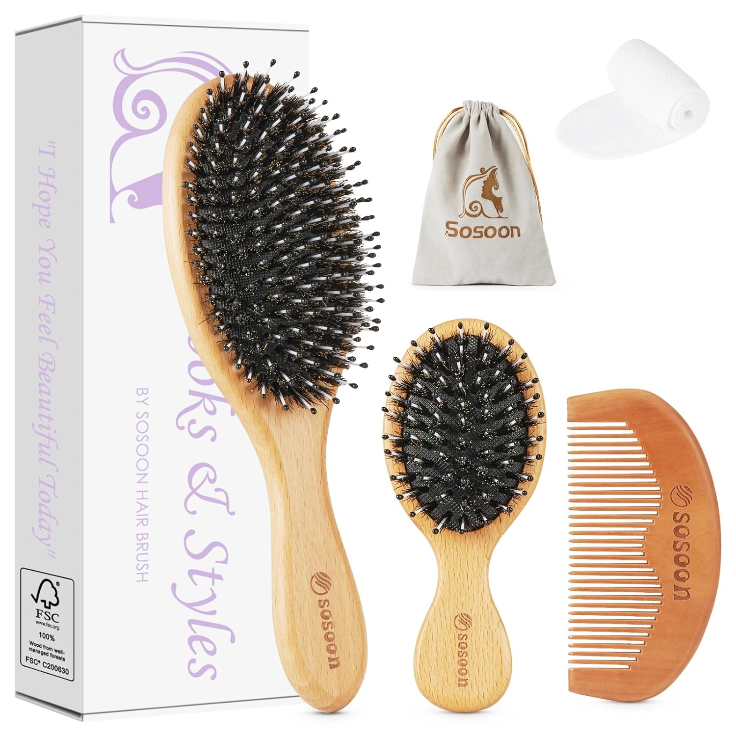 Hair Brush, Boar Bristle Hairbrushes for Women Men Kids All Hair Types for Detangling & Smoothing, Regular Brush, Small Travel Brush, Wooden Comb, Travel Bag, Spa Headband, Brush Cleaner Included