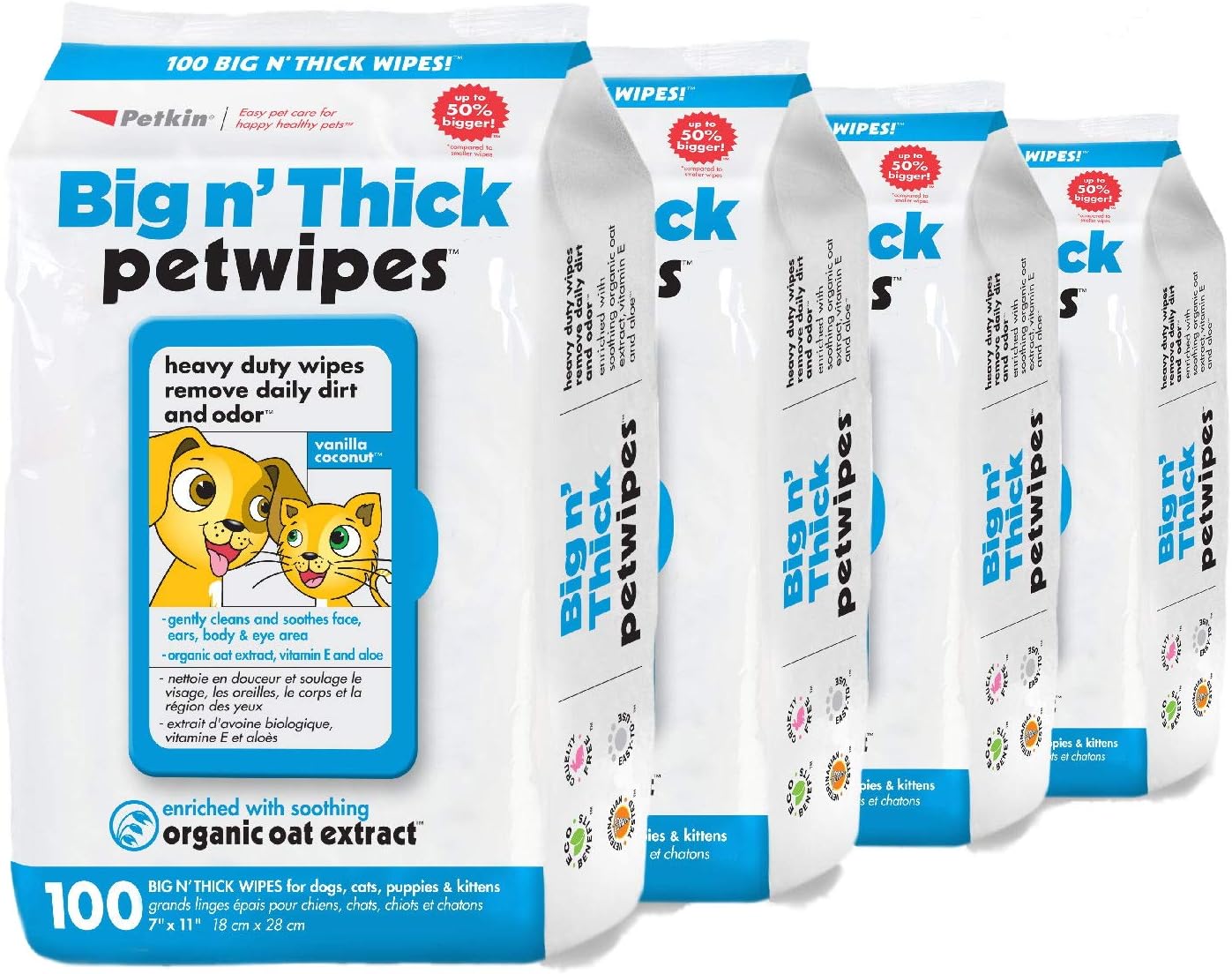 Petkin Pet Wipes for Dogs and Cats, 400 Wipes - Large Pet Wipes for Dogs and Cats - Cleans Ears, Face, Butt, Body and Eye Area - Convenient, Ideal for Home or Travel - 4 Packs of 100 Wipes