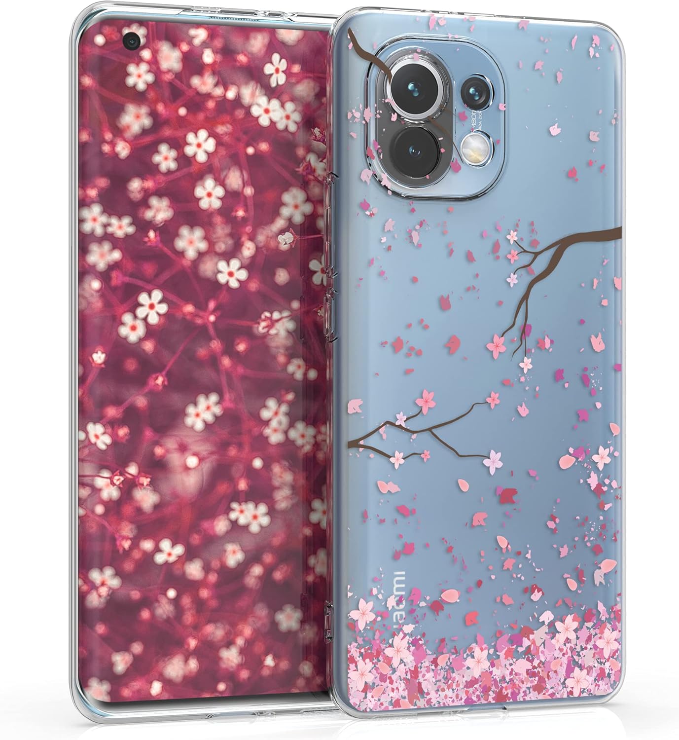 kwmobile Clear Case Compatible with Xiaomi Mi 11 - Phone Case Soft TPU Cover - Cherry Blossoms Pink/Dark Brown/Transparent