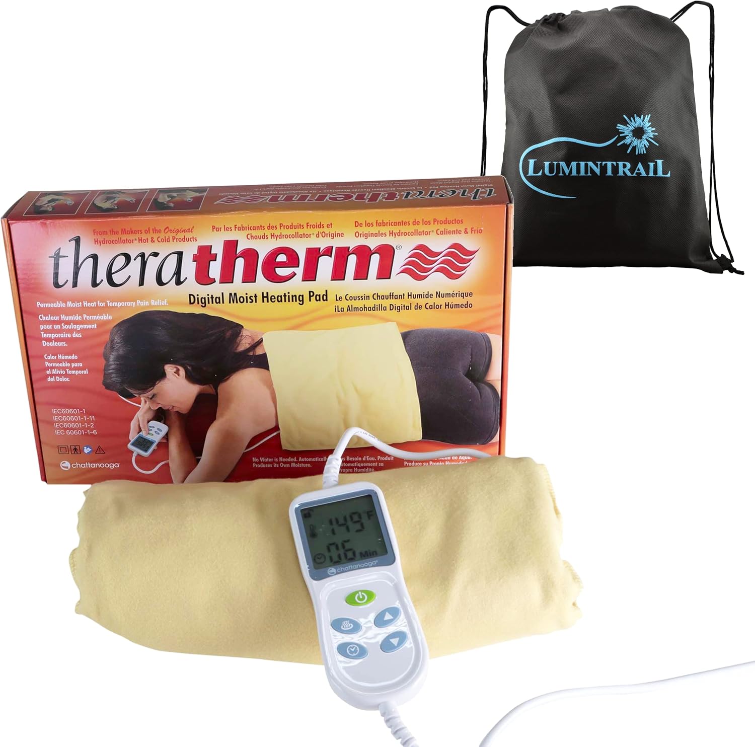 Chattanooga TheraTherm Digital Moist Heating Pad for Temporary Pain Relief, Standard Size 14 x 27, with a Lumintrail Drawstring Bag