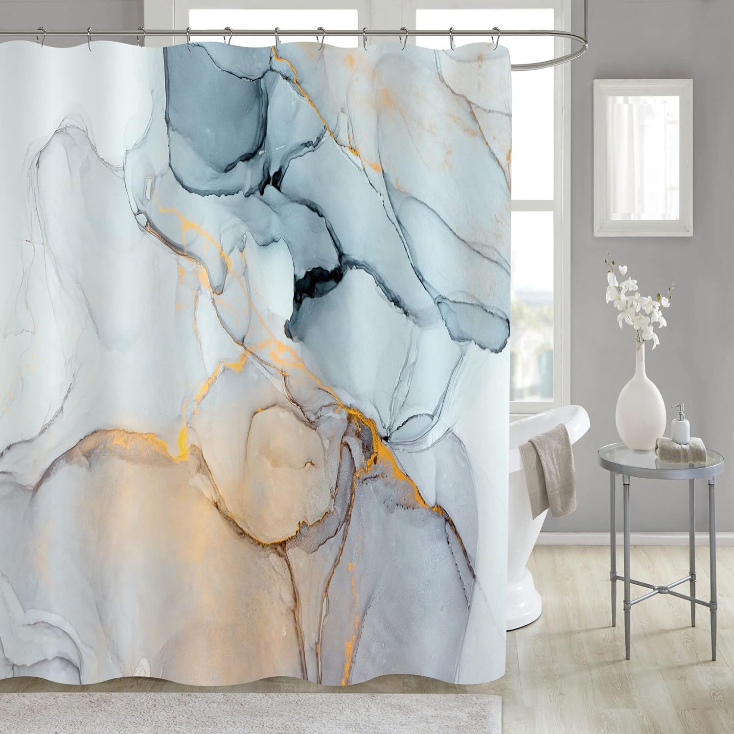 Gibelle Extra Long Shower Curtain 72 x 84, Tall Abstract Grey Blue Marble Shower Curtain, Modern Ink Art Waterproof Fabric Shower Curtain Set with Hooks