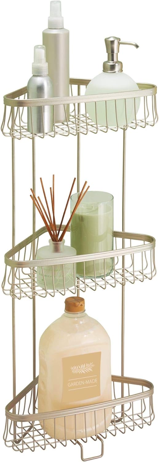 iDesign York Metal Wire Corner Standing Shower Caddy 3-Tier Bath Shelf Baskets for Towels, Soap, Shampoo, Lotion, Accessories, Satin