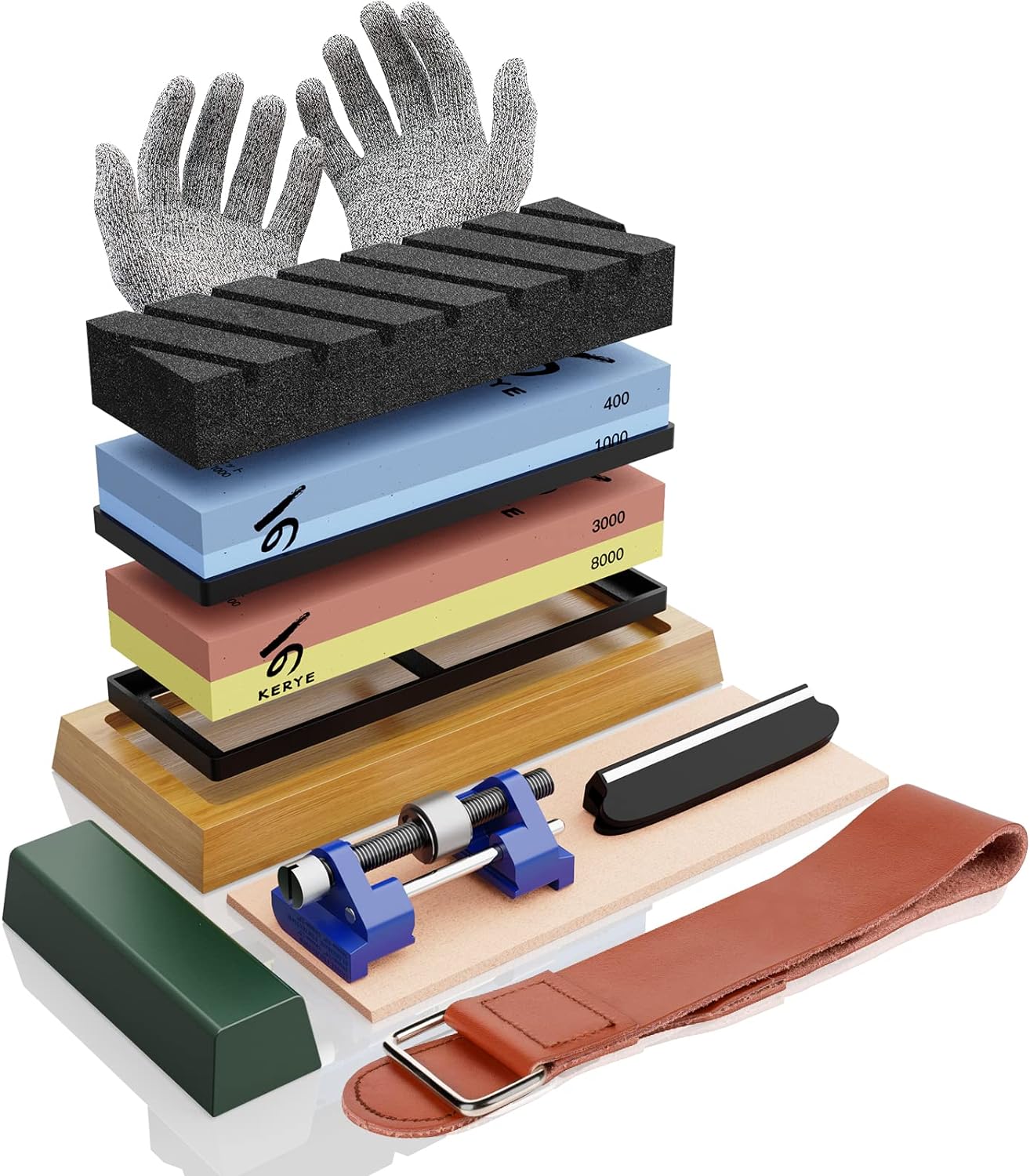 KERYE Japanese Whetstone Sharpener Set - 400/1000 3000/8000 Grit Water Stones, Flattening Stone, Honing Guide, Cut Resistant Gloves