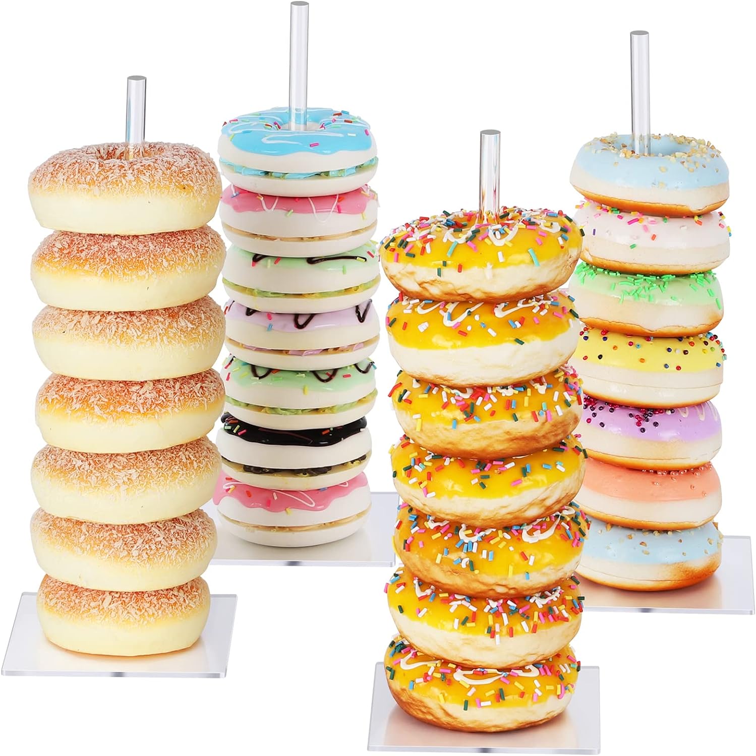 These are a really nice addition to a dessert table.  The donut stands are ascetically pleasing and add interest to any party table. They hold about 8 to 10 donuts.  They are well made, sturdy and easy to assemble and disassemble.