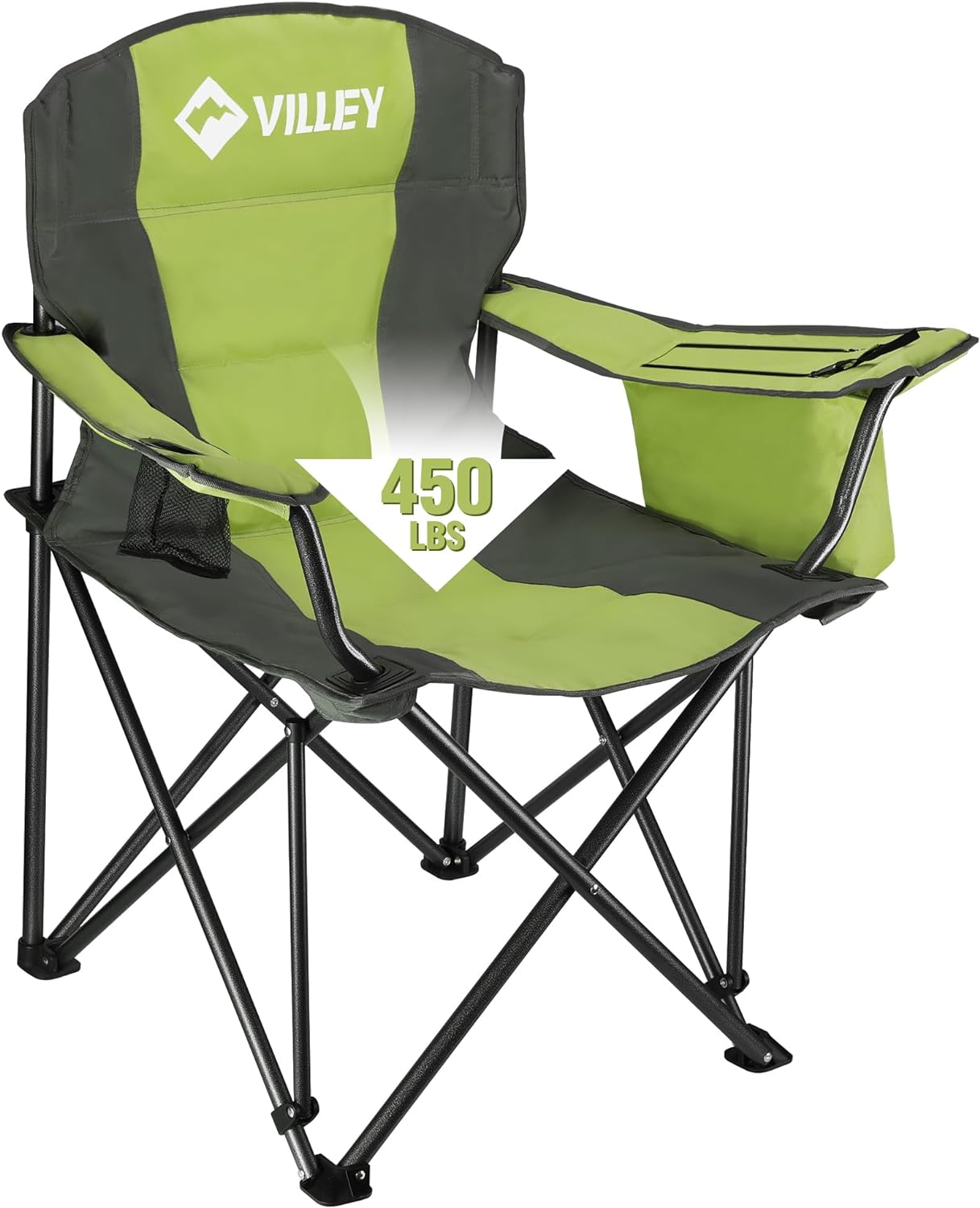 VILLEY Camping Chair, Oversized Folding Camp Chair, Portable Outdoor Chairs Support 450 LBS with Padded Seats, Cooler Bag, Cup Holder, Carry Bag, Green