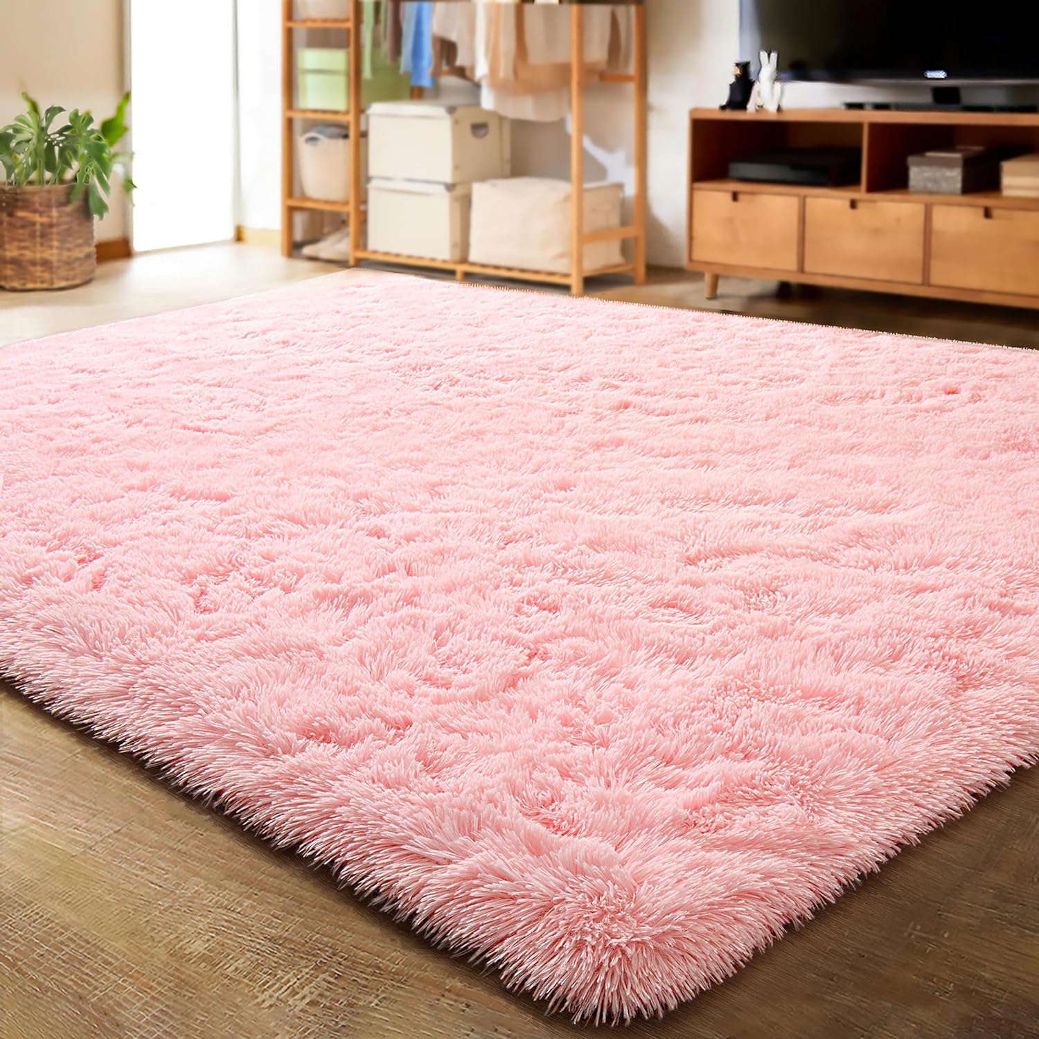 LOCHAS Ultra Soft Indoor Modern Area Rugs Fluffy Living Room Carpets for Children Bedroom Home Decor Nursery Rug 4x5.3 Feet, Pink