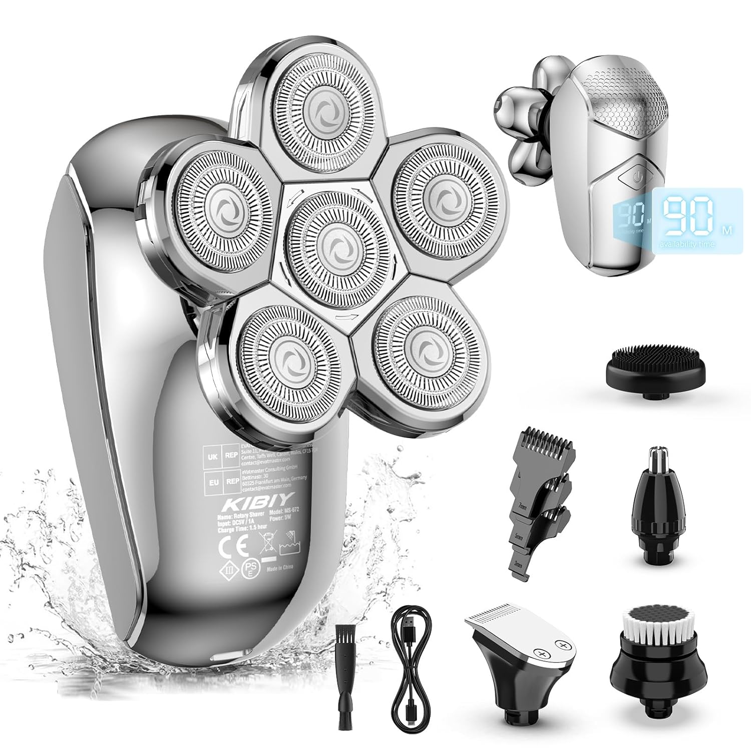 Head Shavers for Bald Men, Kibiy Electric Razor for Men Upgrade 5-in-1 Bald Head Shavers for men Cordless LED IPX7 Waterproof Wet Dry Rotary Mens Shaver with Beard Clippers, Type-C Charge (Sliver)