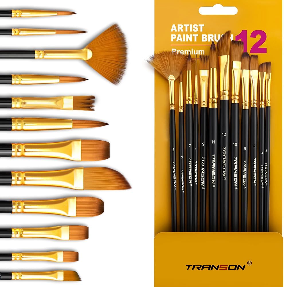 Transon Art Painting Brush Assorted Set of 12 for Acrylic Watercolor Gouache Hobby Painting