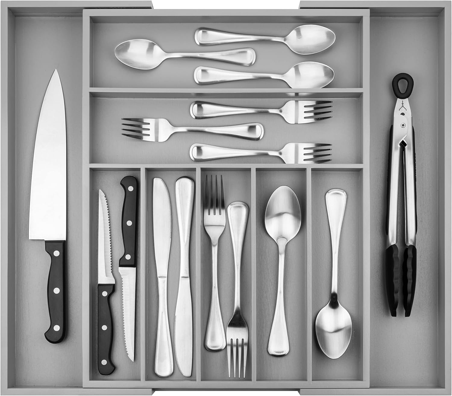 Purawood - Large Premium Bamboo Silverware Organizer - Expandable Kitchen Drawer & Utensil Organizer, 17.5 x 19.75 Cutlery Tray with Drawer Dividers for Kitchen Flatware (7-9 Slots) (Grey)