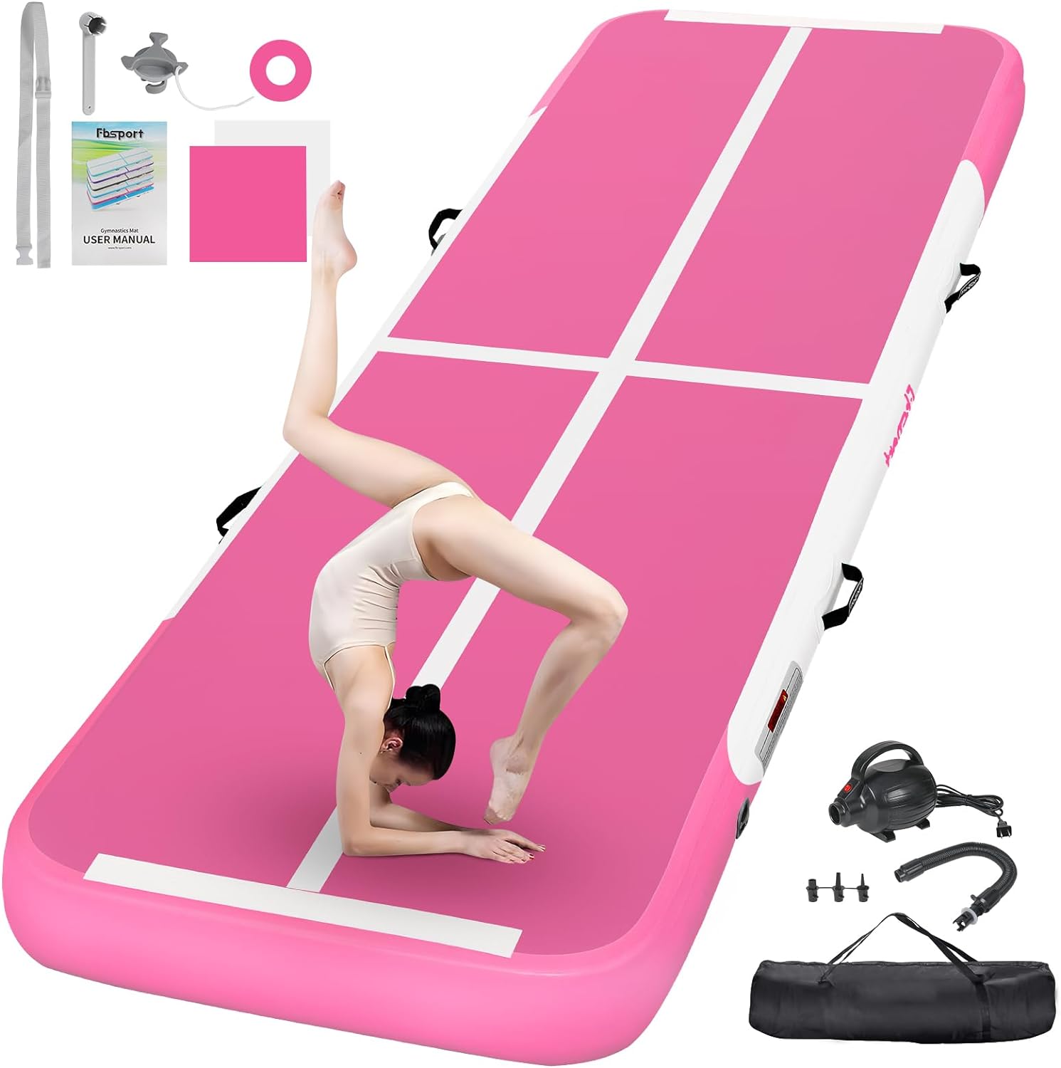 FBSPORT Inflatable Air Gymnastics Mat Training Mats 4/8 inches Thickness Gymnastics Tracks for Home Use/Training/Cheerleading/Yoga/Water with Pump