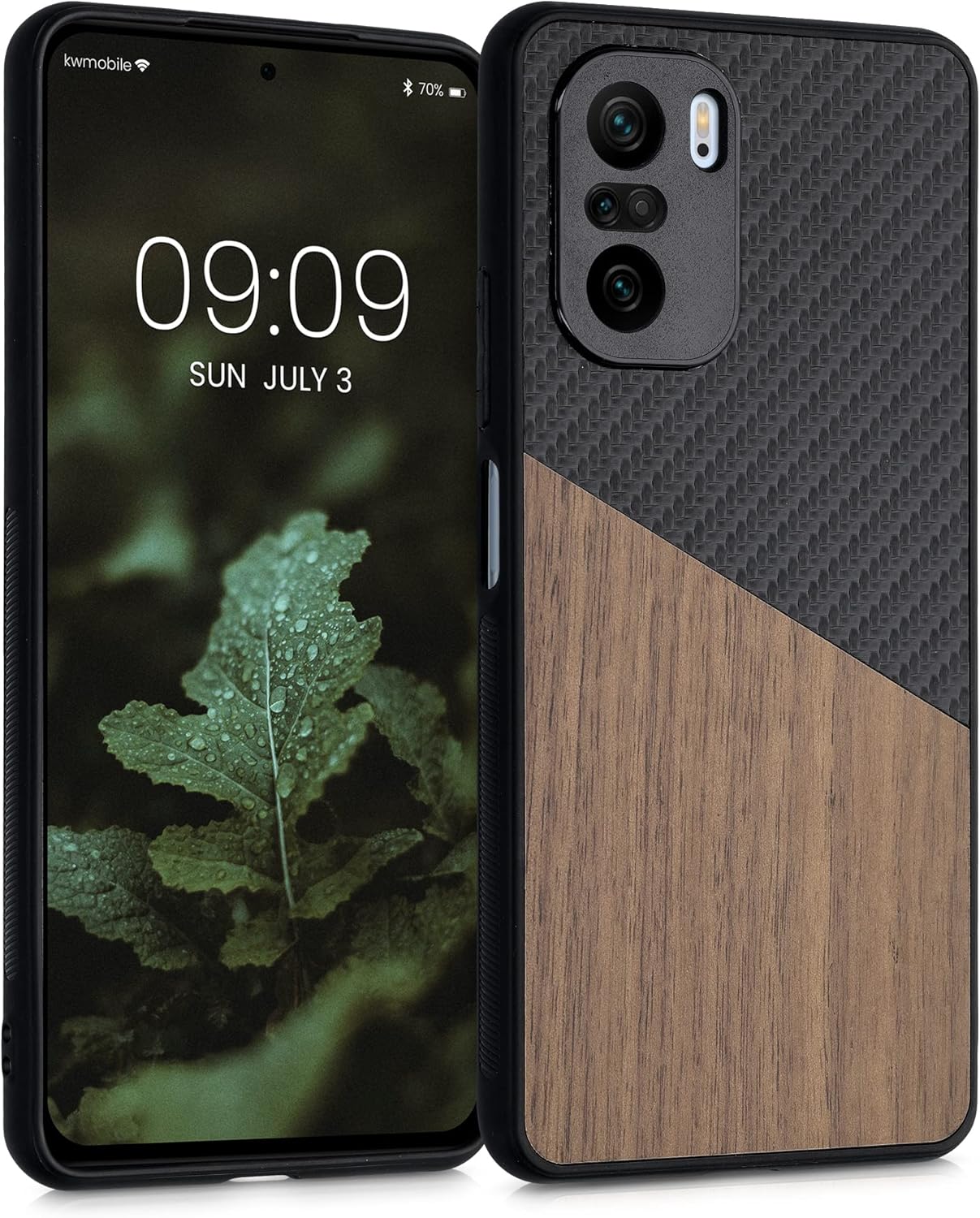 kwmobile Case Compatible with Xiaomi Mi 11i / Poco F3 - Hard Phone Cover with TPU Bumper and Wood/Carbon Back - Dark Brown