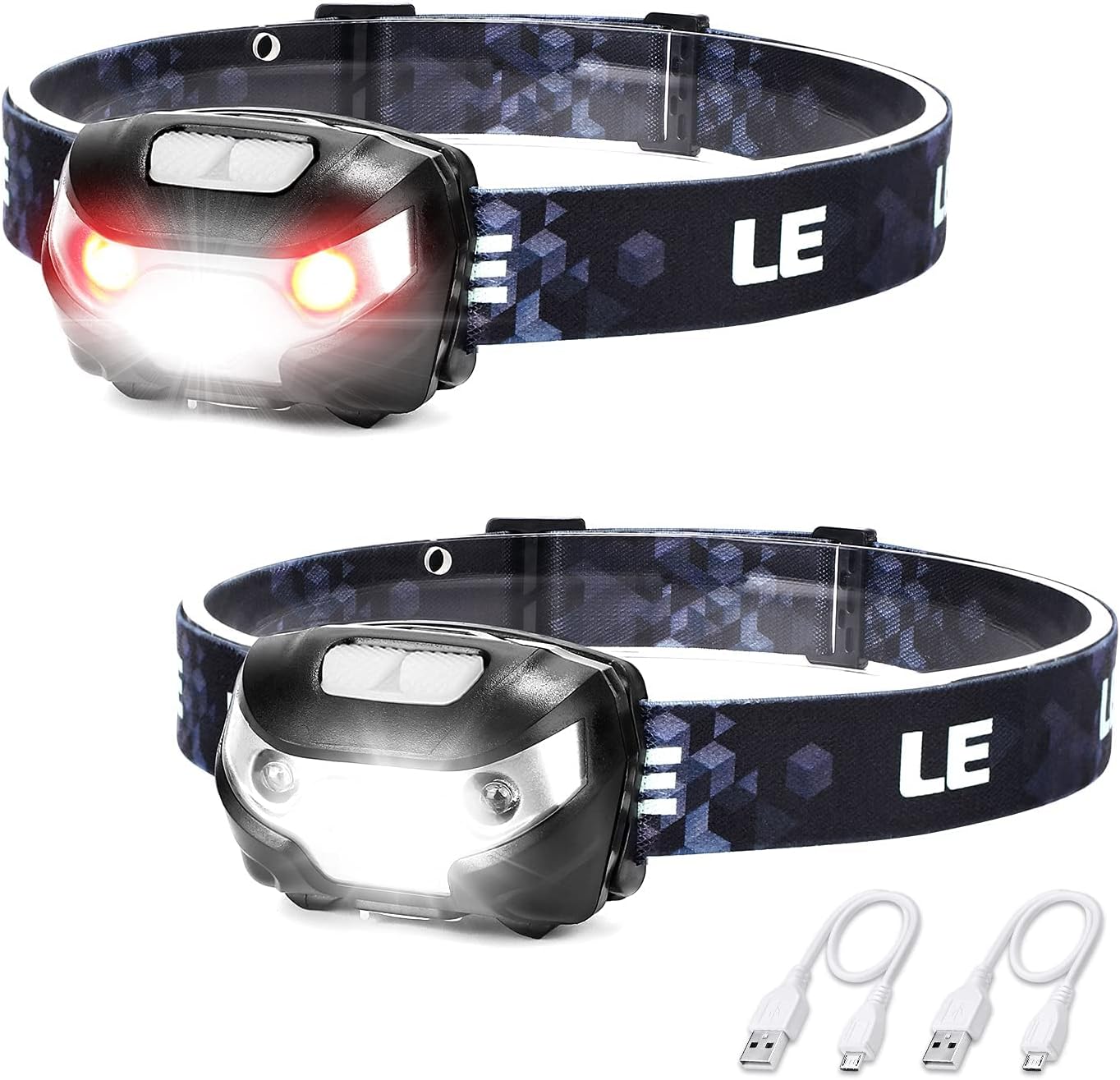 Lighting EVER LED Headlamp Rechargeable 2 Packs - Super Bright Head Lamp with 5 Modes for Camping & Hiking Gear Essentials, IPX4 Waterproof Headlight Flashlight with Red Light, USB Cable Included