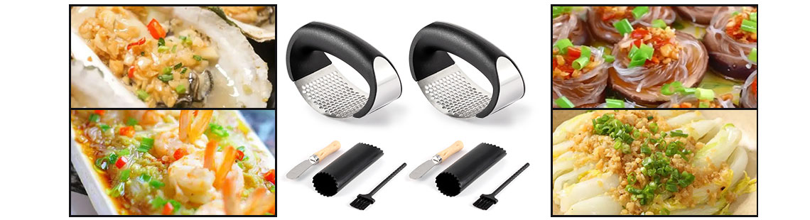 2 Pack Garlic Press Rocker, Stainless Steel Garlic Mincer with 2 Peelers, 2 Scrapers and 2 Brushes | Garlic Crusher Garlic Chopper for Smashing Garlic