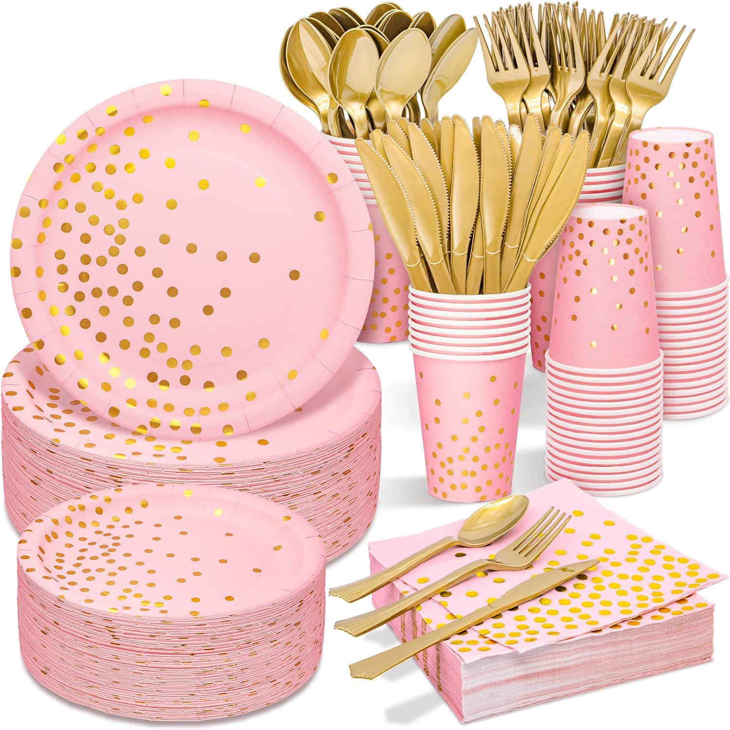 Tiblue Pink & Gold Party Supplies 350 PCS Disposable Dinnerware Set, Pink Paper Plates Napkins Cups, Gold Plastic Forks Knives Spoon for Graduation Birthday Baby Shower Wedding Bachelorette Engagement