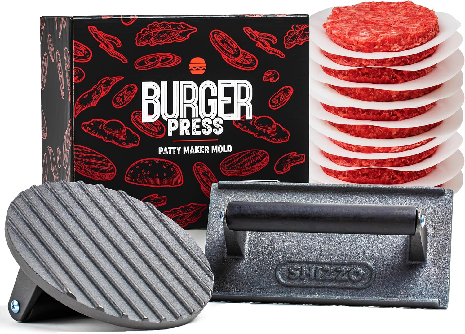 SHIZZO Smash Burger Press Cast Iron Round + Rectangle Heavy Duty Bacon Smasher with 50 Patty Papers, Griddle Accessories Kit, Weight Grill Press for Smashburger, Griddle Cooking Tool, Hamburger Press