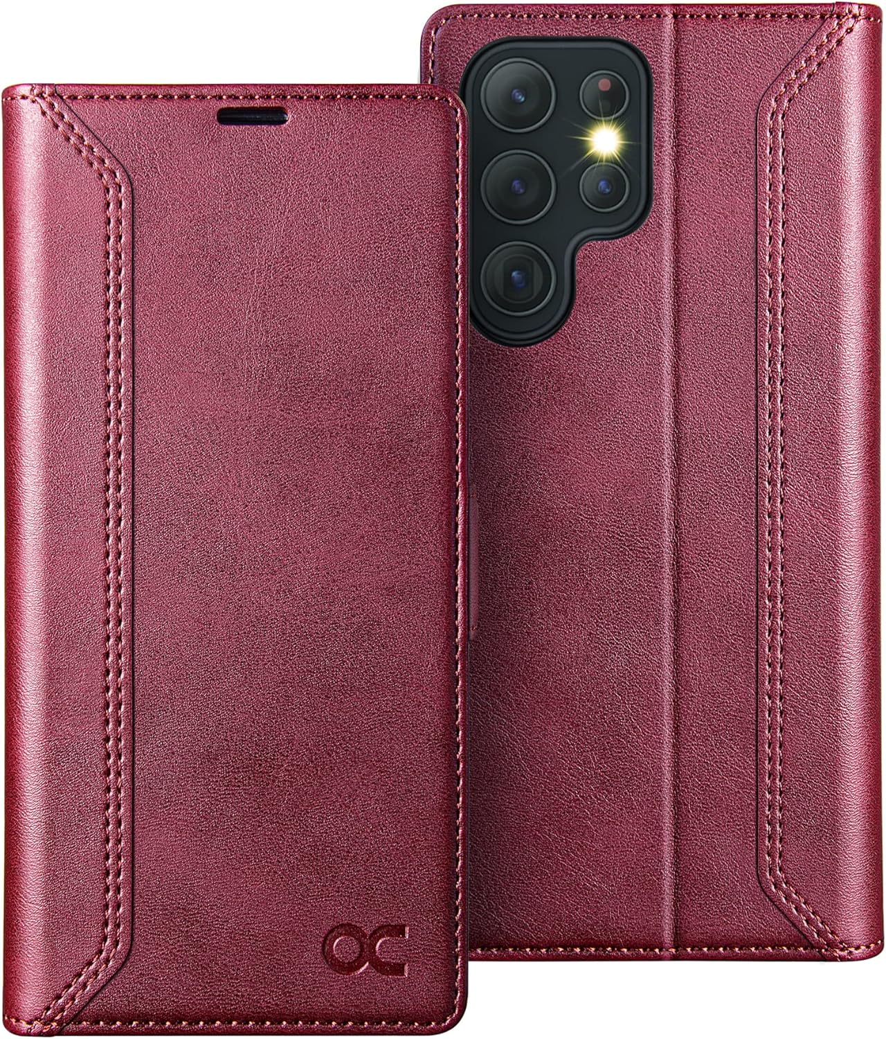 OCASE Retro Series Compatible with Galaxy S22 Ultra 5G Wallet Case [Card Slots][RFID Blocking][TPU Inner Shell ][Kickstand] PU Leather Flip Folio Phone Cover 6.8 Inch (2022) -Retro Burgundy