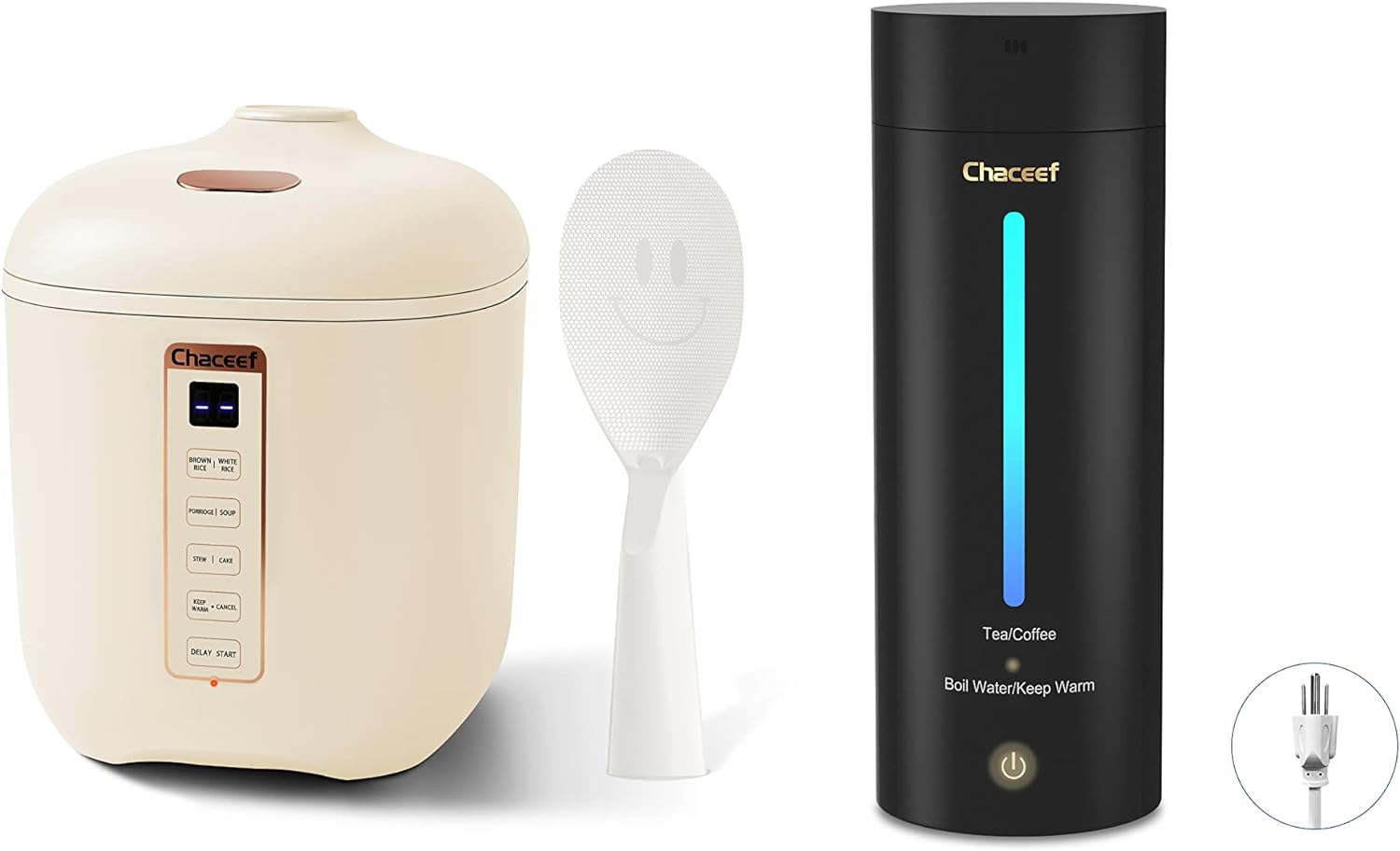 CHACEEF+Mini+Rice+Cooker+2-Cups+Uncooked%2c+1.2L+Portable+Non-Stick+Small+Travel+Rice+Cooker%2c+Beige+%26+CHACEEF+Travel+Electric+Kettle%2c+350ml+Small+Portable+Kettle+with+304+Stainless+Steel%2c+Black