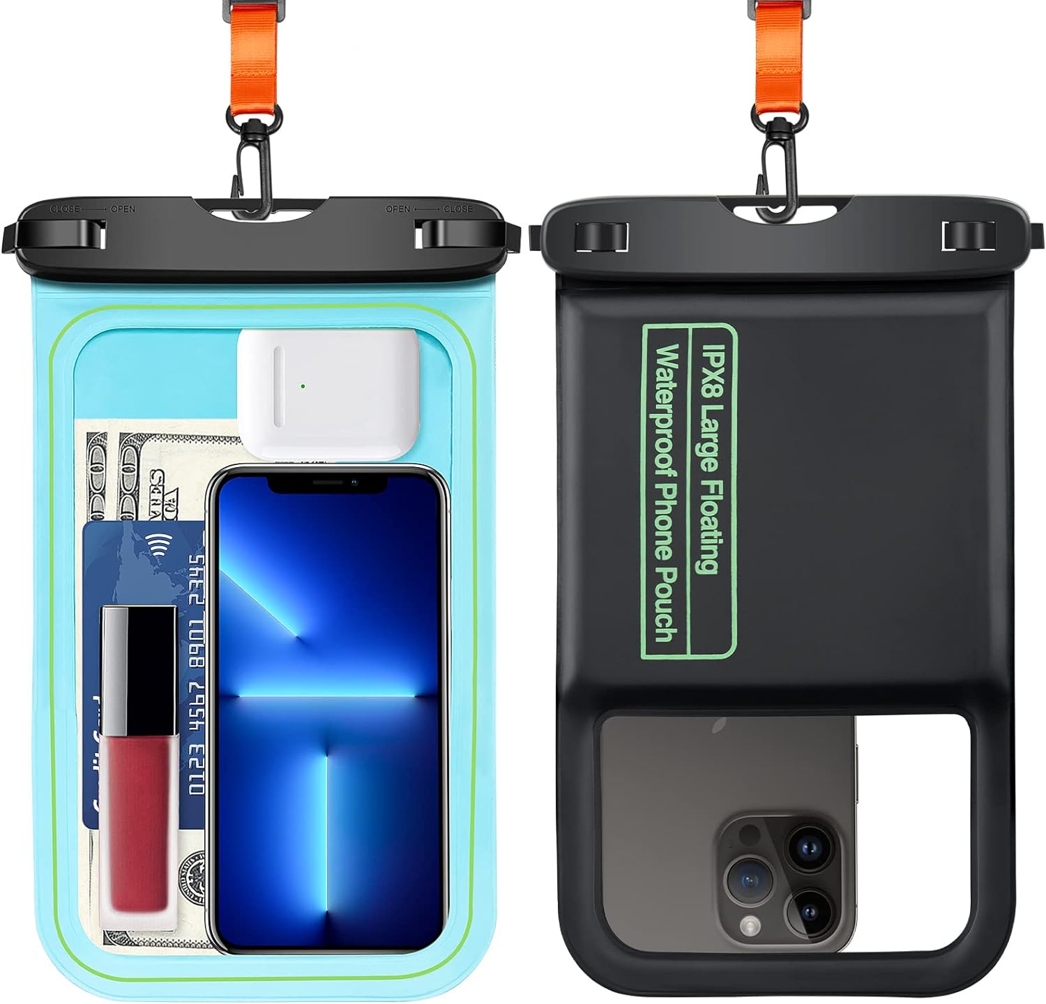 SUPFINE [2 Pcs Waterproof Phone Pouch Floating, Large Cell Phone Case, IPX8 Waterproof Dry Bag with Lanyard for iPhone 15 Pro Max/14/13/12/Galaxy S24 Ultra/S23/S22 Vacation Swimming - Black/Blue