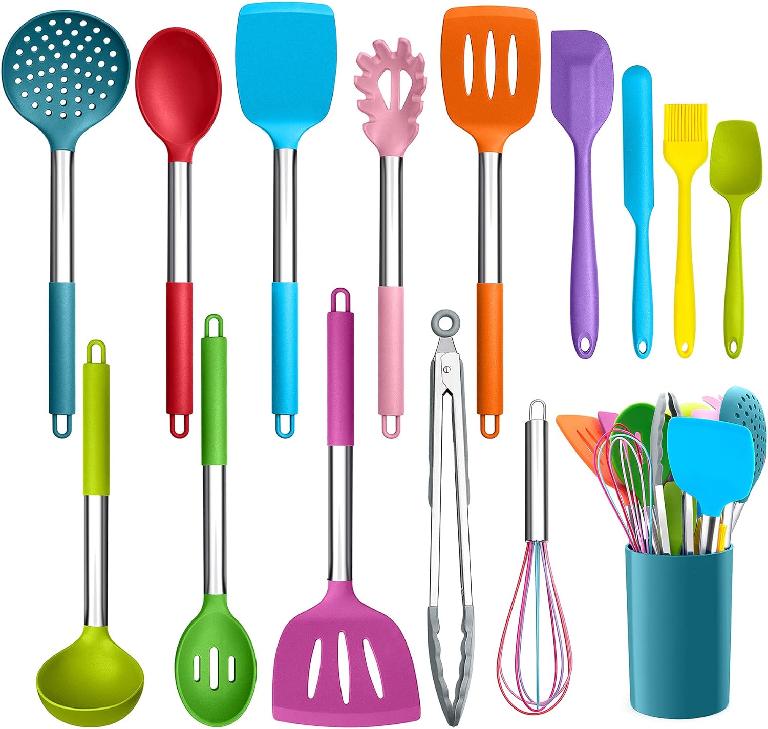 LIANYU 15-Piece Kitchen Cooking Utensils Set with Holder, Silicone Kitchen Tools Stainless Steel Handle, Slotted Spatula Spoon Turner Tong Whisk Brush for Cooking, Colorful