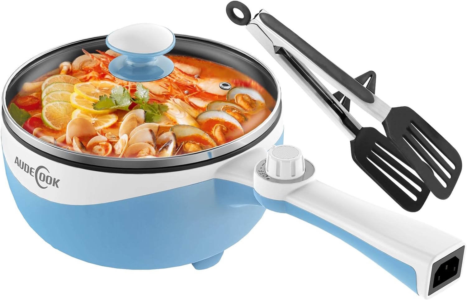 Audecook Hot Pot Electric, 1.7L Mini Electric Skillet Portable Nonstick Sauté Pan with Power Adjustment, Rapid Ramen Cooker Travel Multicooker Electric Pot for Steak/Soup/Egg/Oatmeal/Noodles(Blue)