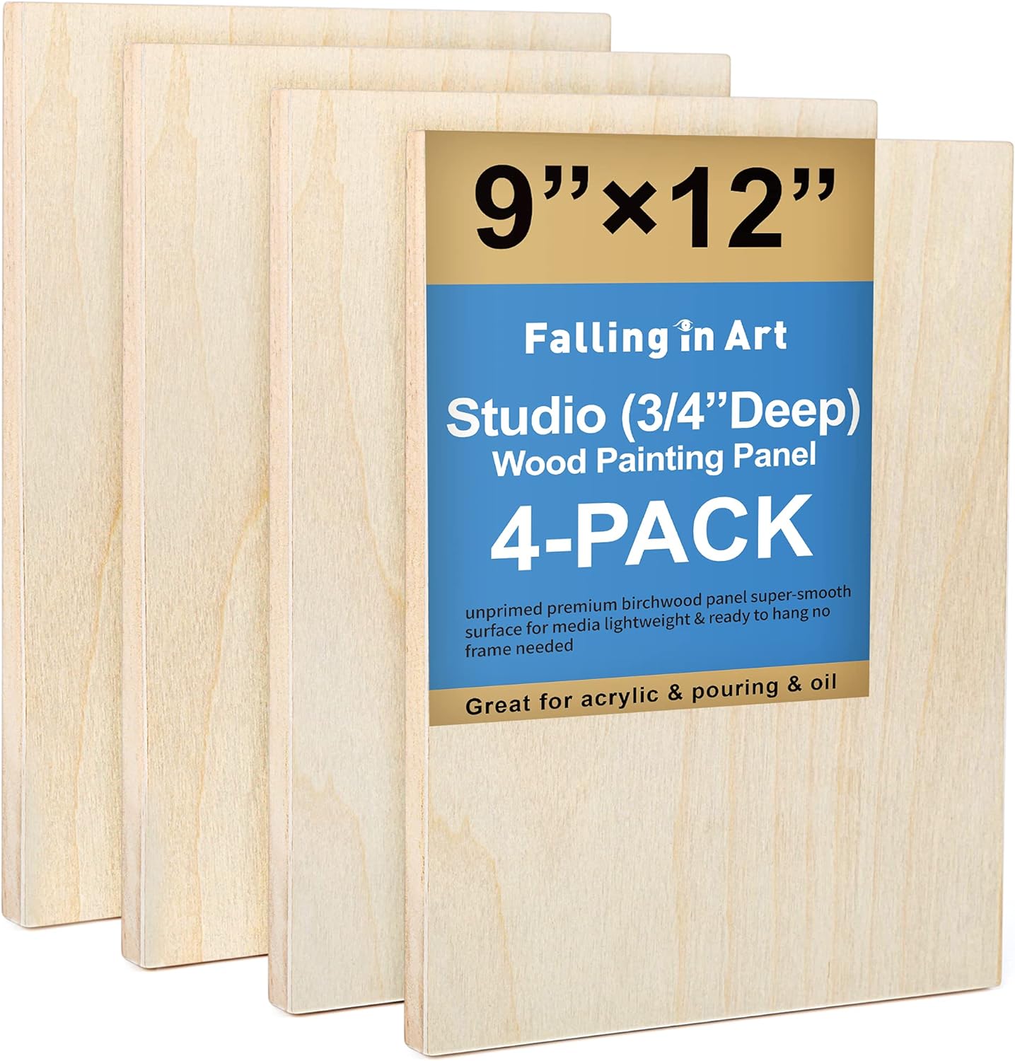 Falling in Art Unfinished Birch Wood Canvas Panels Kit, Falling in Art 4 Pack of 9x12 Studio 3/4 Deep Cradle Boards for Pouring Art, Crafts, Painting and More