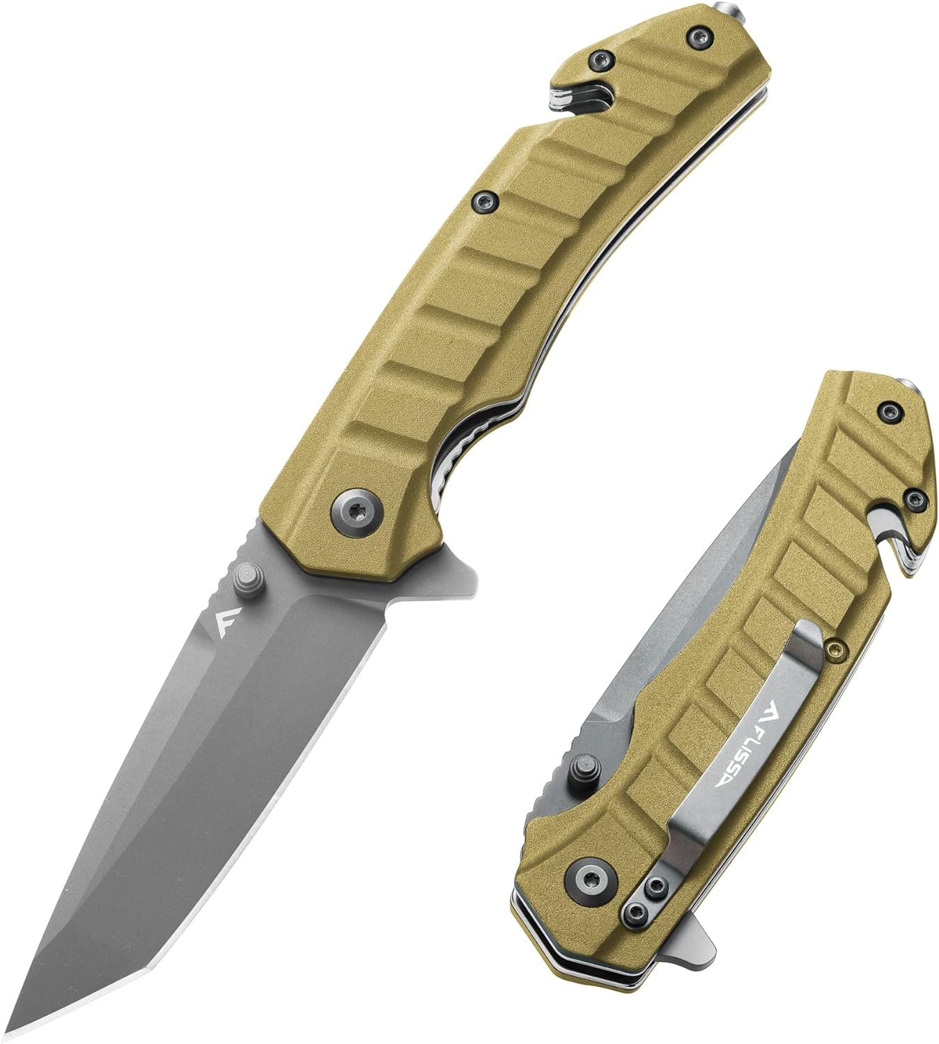 FLISSA Folding Pocket Knife, Tactical Knife with Liner Lock, Tanto Blade, Pocket Clip, Glass Breaker, Seatbelt Cutter, Perfect for Hunting, Camping, Survival (Coyote Brown)