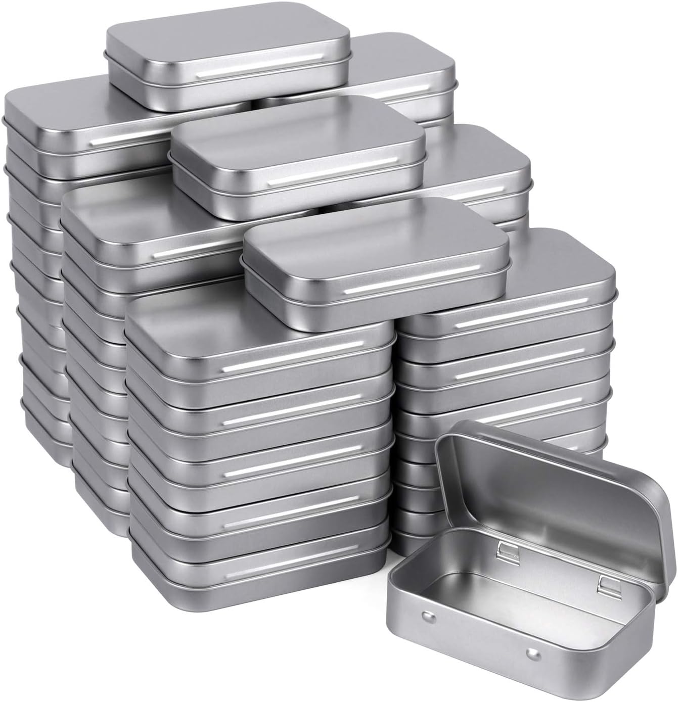 Tamicy Metal Rectangular Empty Hinged Tins - Pack of 40 Silver Mini Portable Box Small Storage Kit & Home Organizer with lids craft containers 3-1/2''X2-1/2''X4/5''