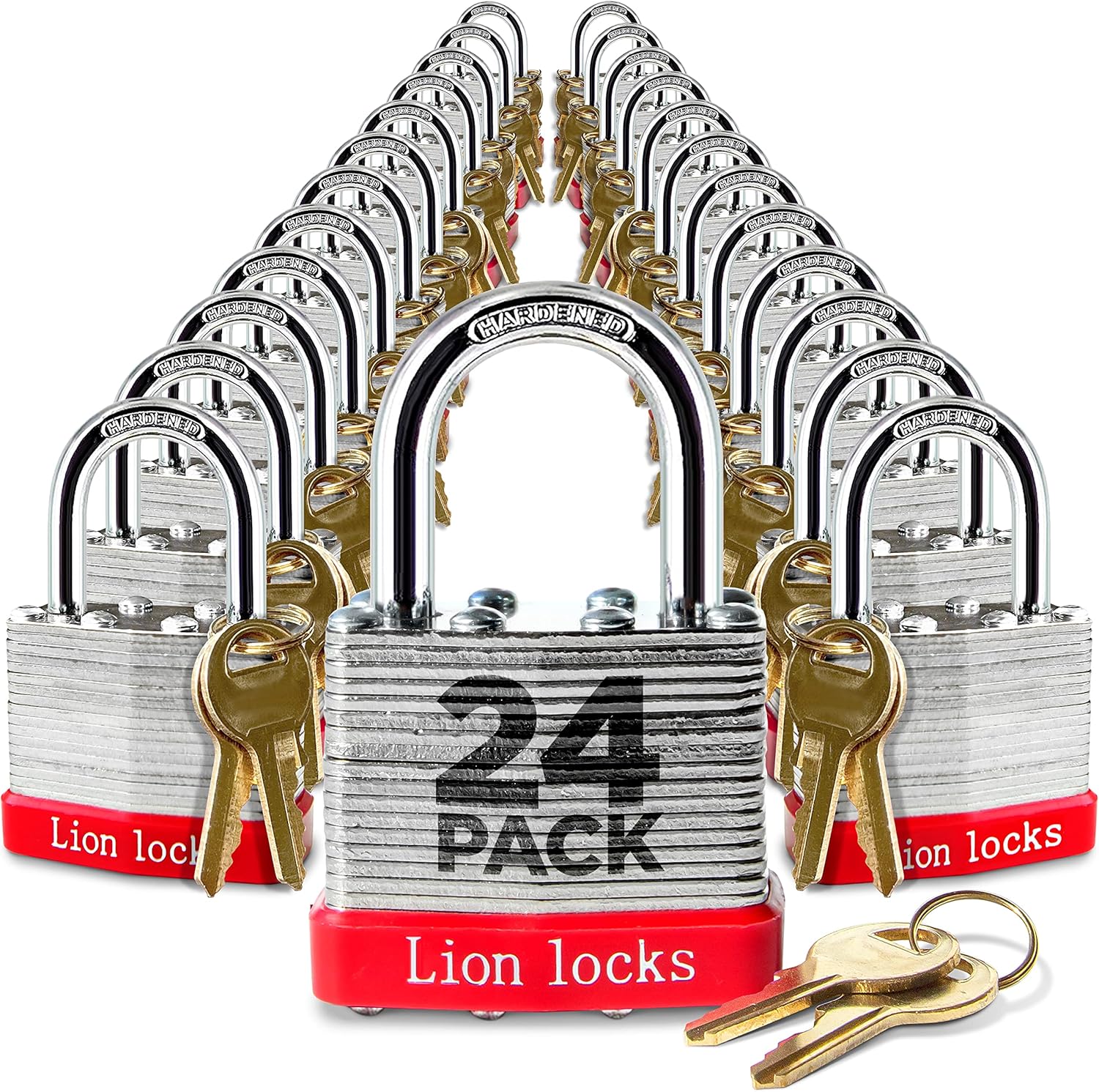 24 Keyed-Alike Padlocks w/ 1.25 Shackle, 48 Keys, Hardened Steel Case, Brass Cylinder (24-Pack) - for Hasp Latch, Sheds, Fences, Storage Locker, School, Gym