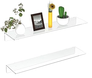 FEMELI Acrylic Floating Shelves 6-24 Inch, 2 PCS Clear Shelves for Plant Photo in Bedroom Living Room Office, Acrylic Shelves for Wall (24 Inch)