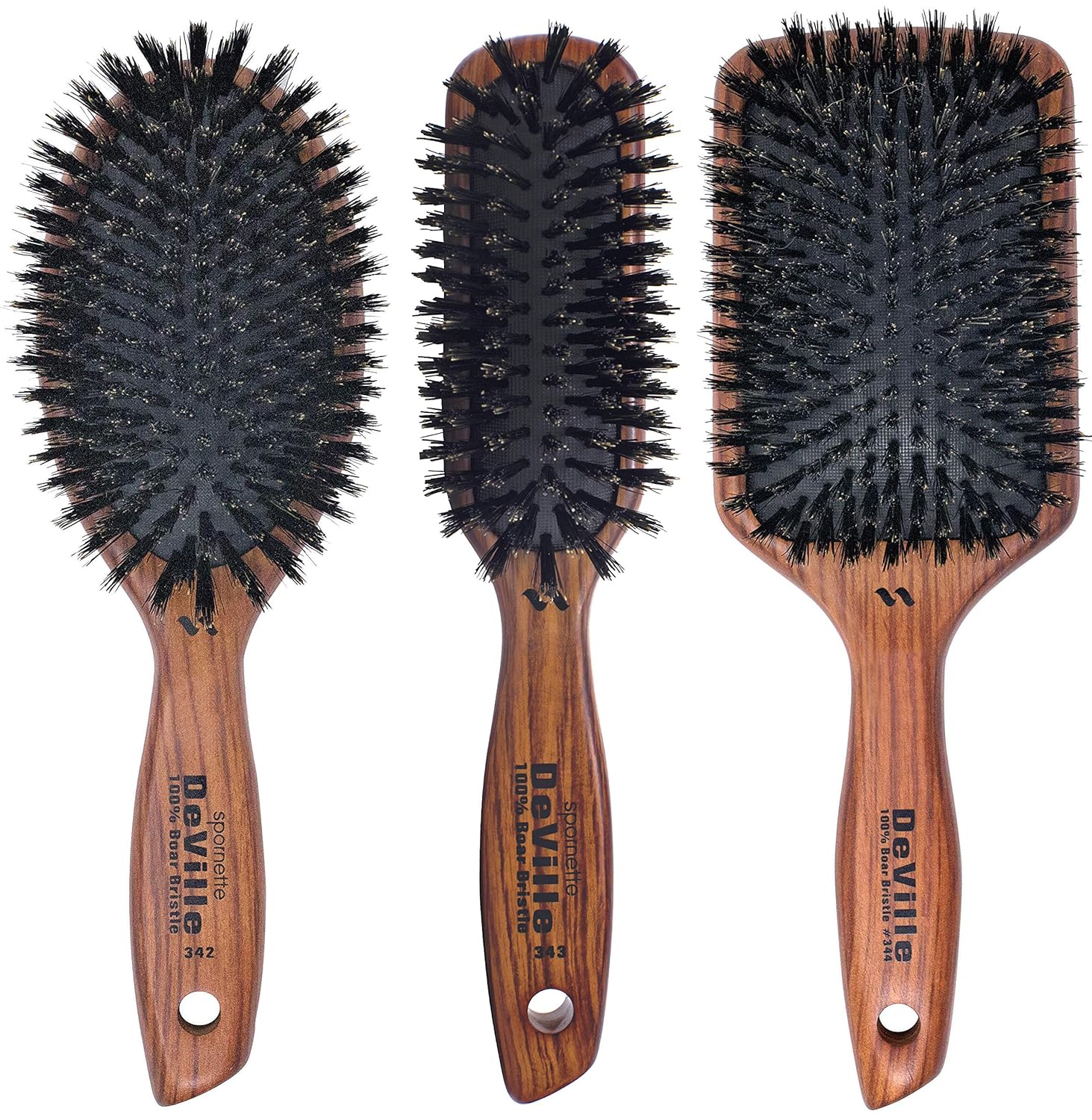 Spornette DeVille Boar Bristle Hair Brush Set - Professional Brushes Include Oval Paddle Brush #342, Paddle Brush #344, and Sculpting Brush #343 - For Women, Men, & Kids of All Hair Lengths & Types